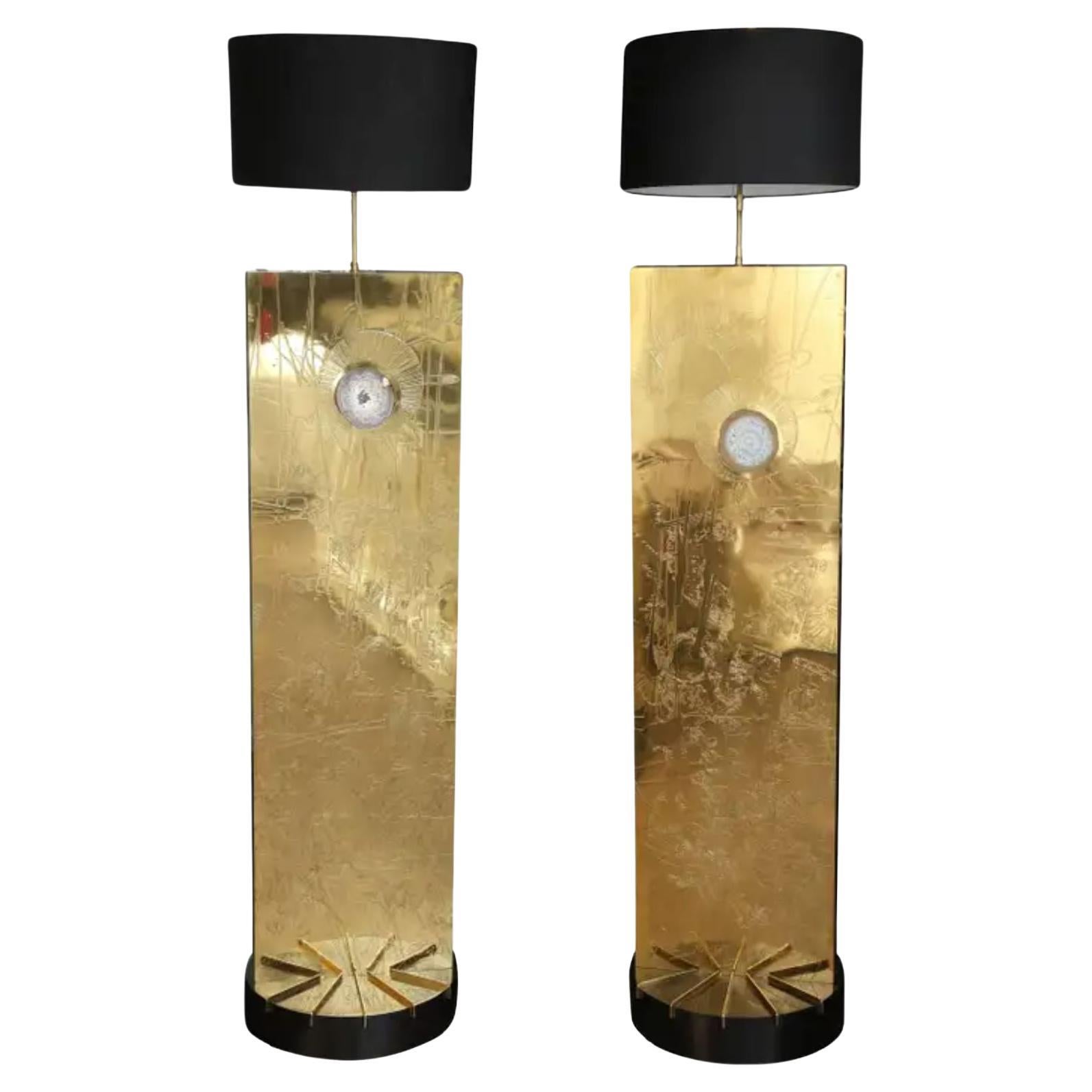 Set Of 2 Rectangle Base Brass Floor Lamps by Brutalist Be