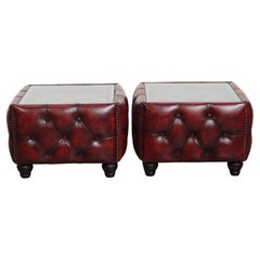 Set of 2 Red Cowhide Leather Chesterfield Side Tables with Glass Tops