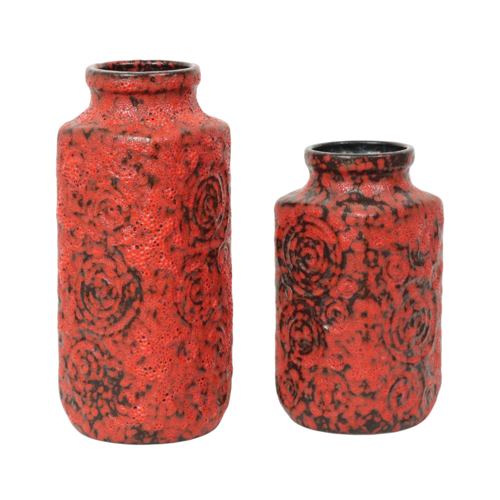 Glazed Set of 2 Red Fat Lava Vases Scheurich Jura West Germany For Sale