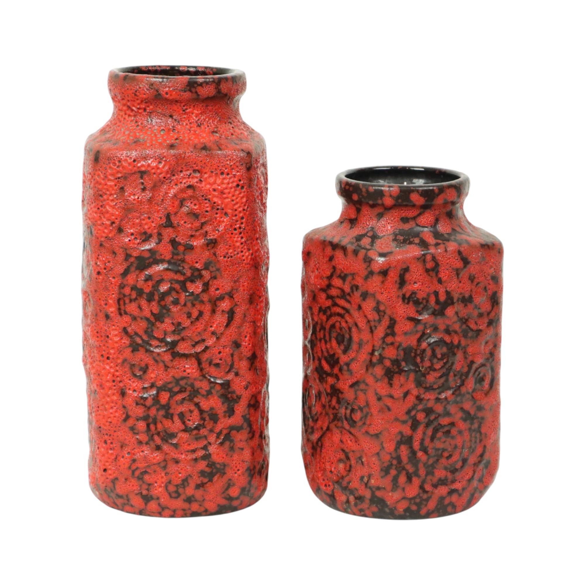 Mid-20th Century Set of 2 Red Fat Lava Vases Scheurich Jura West Germany For Sale