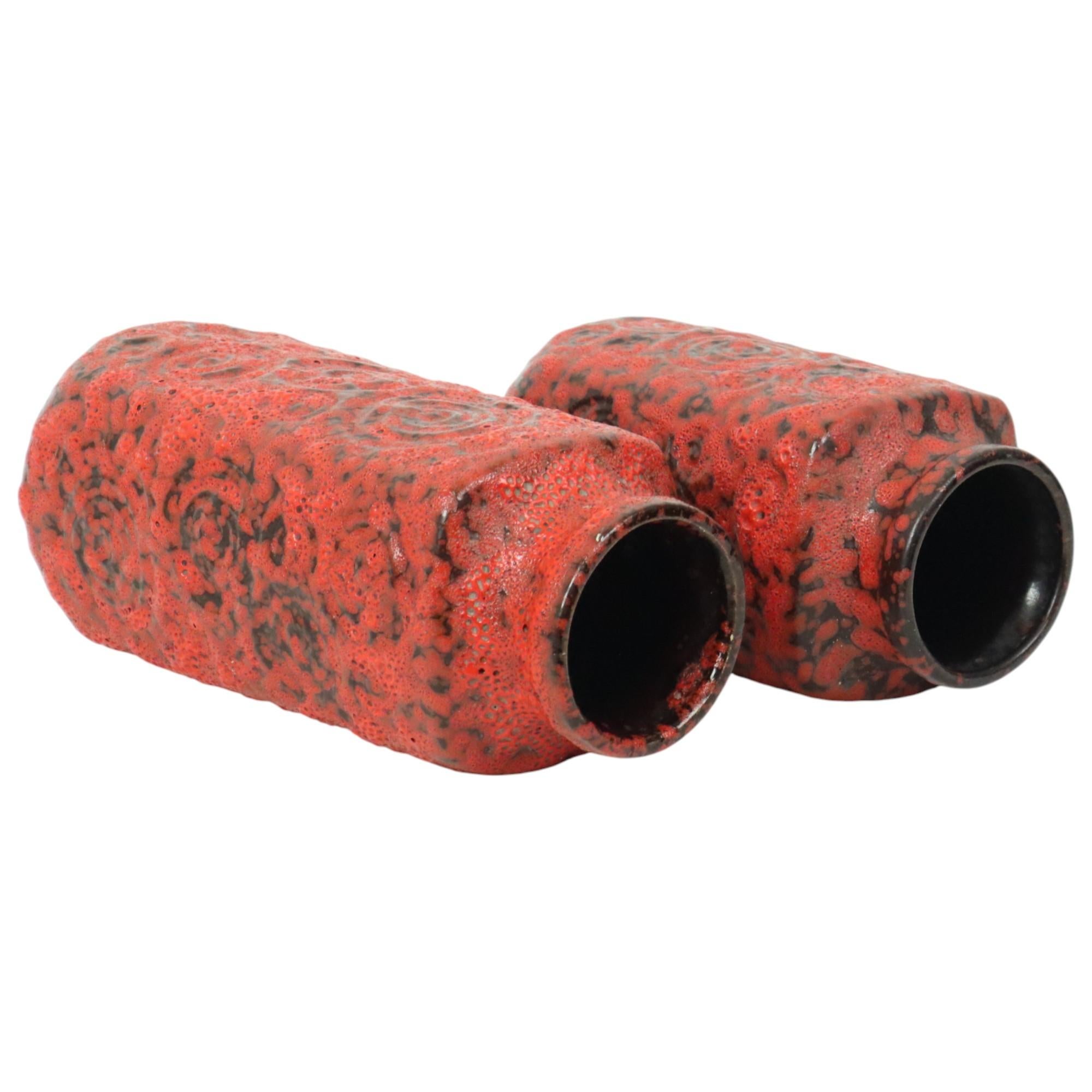 Ceramic Set of 2 Red Fat Lava Vases Scheurich Jura West Germany For Sale