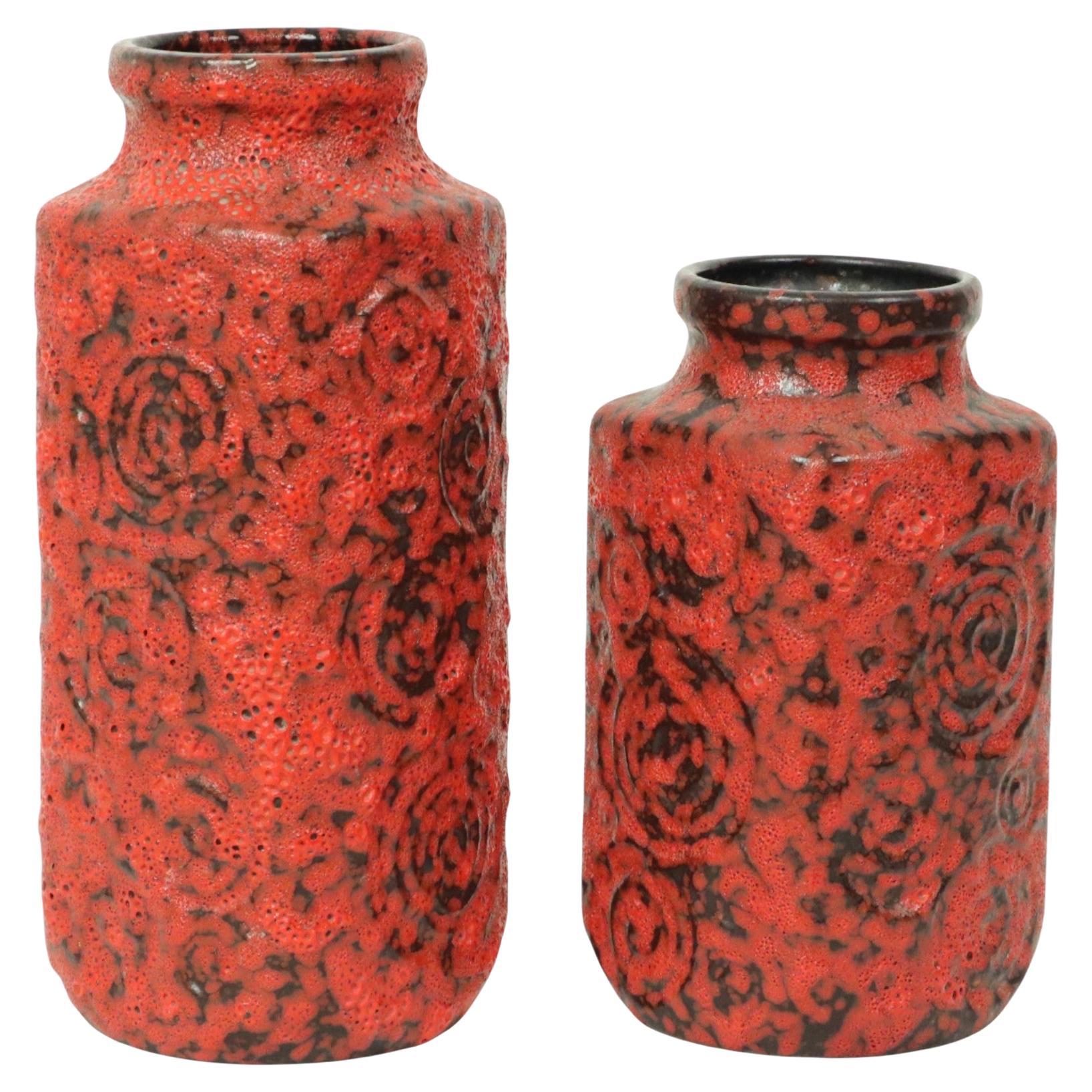 Set of 2 Red Fat Lava Vases Scheurich Jura West Germany For Sale