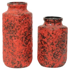 Set of 2 Red Fat Lava Vases Scheurich Jura West Germany
