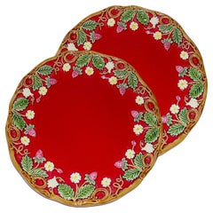 Set of 2 red flowery "George Sand" dessert plates, earthenware