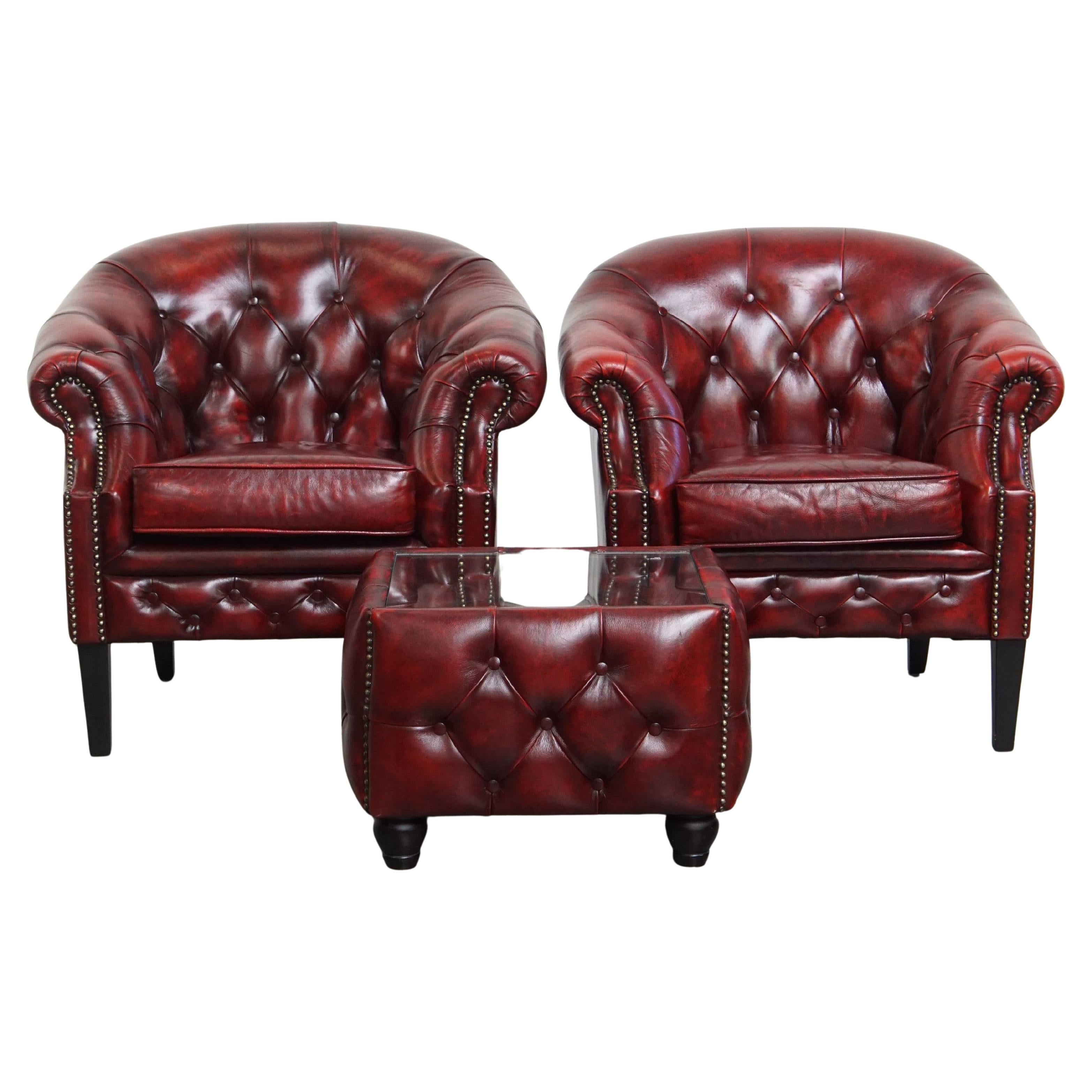 Set of 2 Red Leather Chesterfield Club Chairs with a Side Table