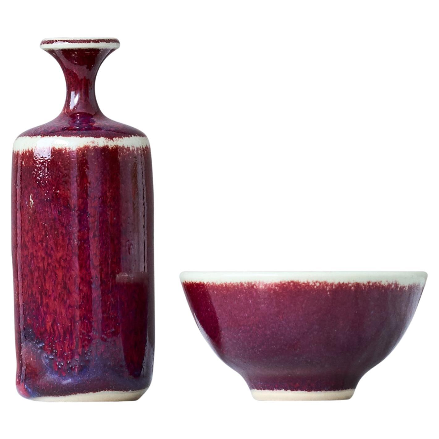 Set of 2 Red Miniature Stoneware Vases by Swedish Ceramist Rolf Palm, 1970s