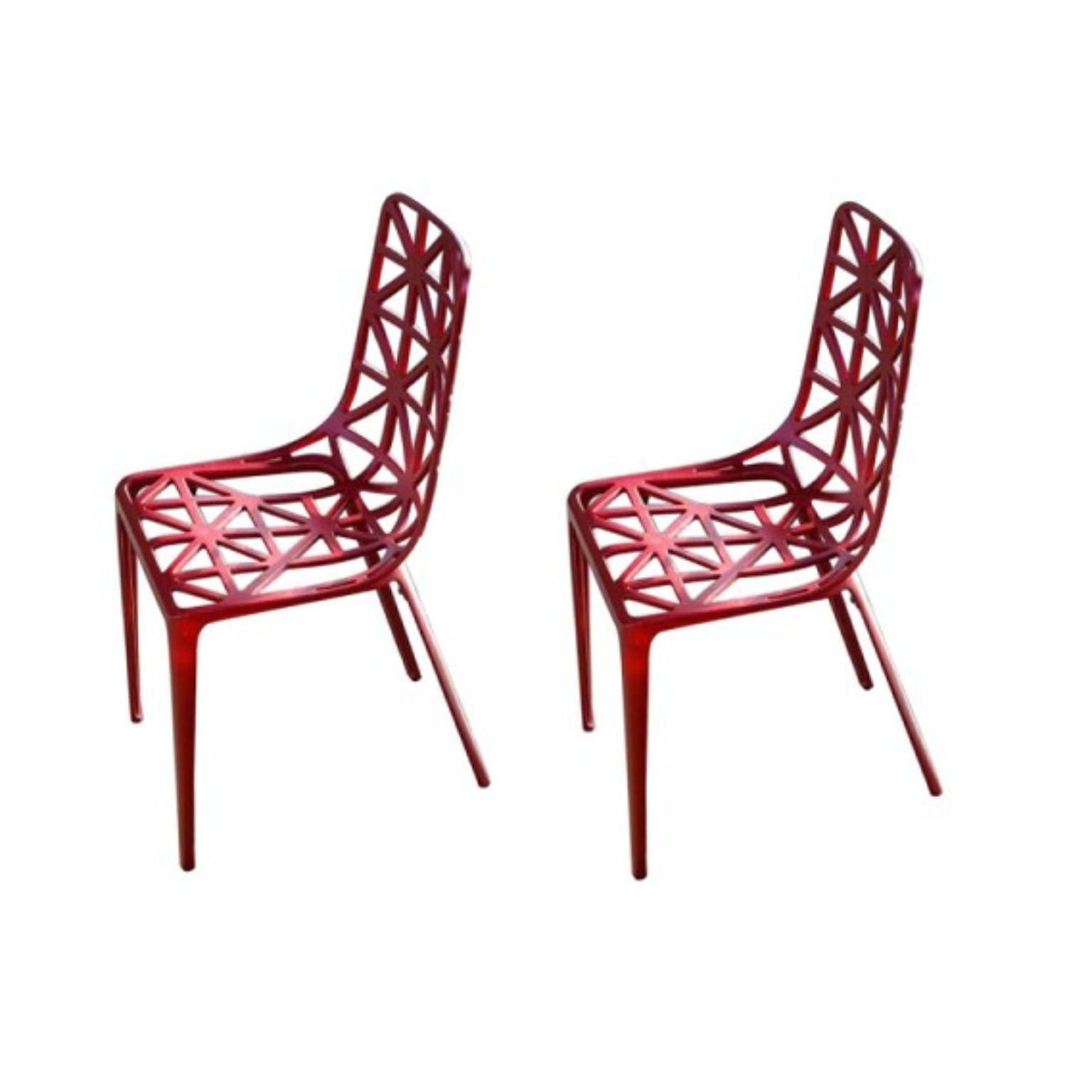 Set of 2 red new Eiffel Tower chairs by Alain Moatti
Materials: structure in epoxy lacquered cast aluminum (suitable for outdoor and indoor)
Dimensions: D 41 x W 44 x H 88 cm
Available colors: Eiffel Tower, black, white, or aluminum, and red