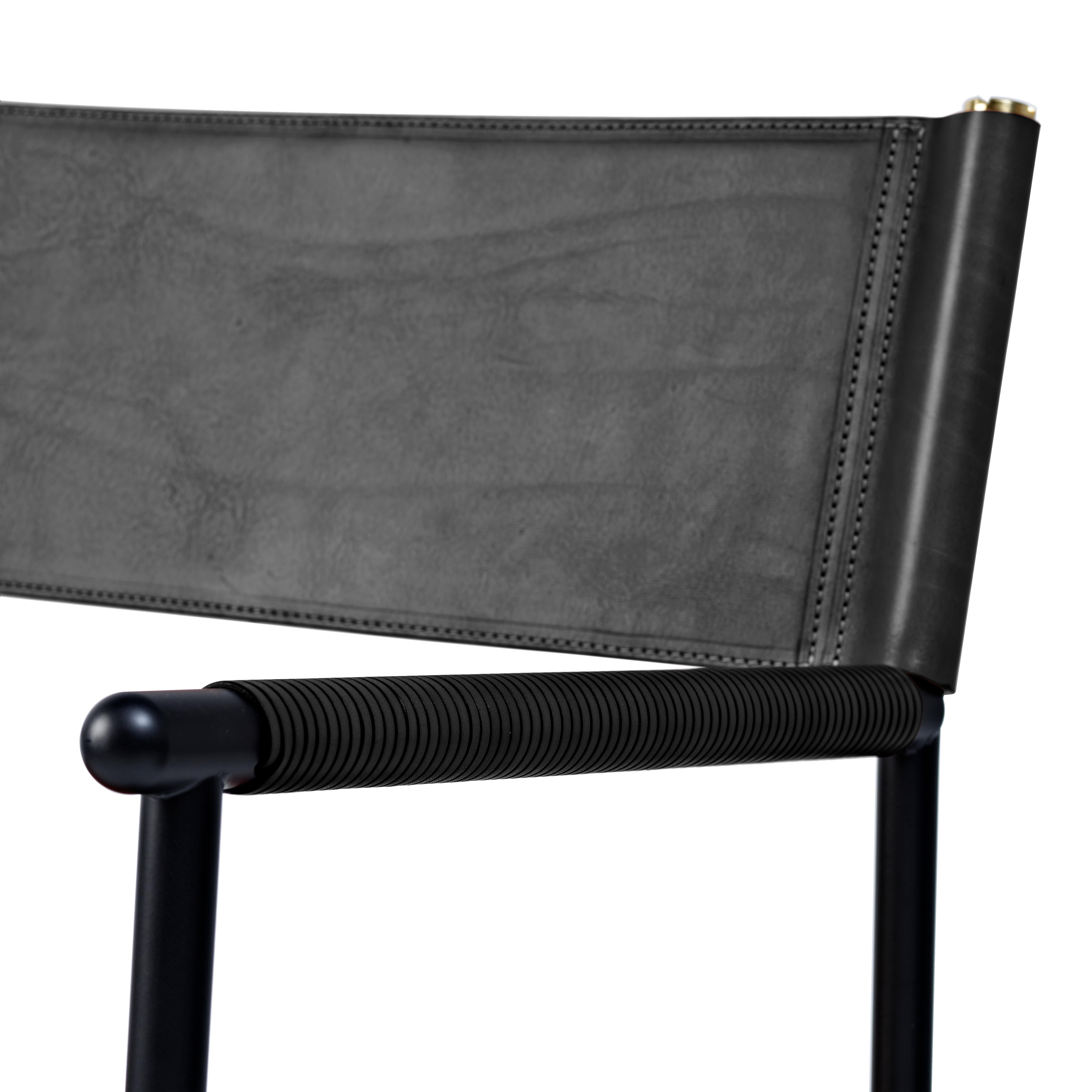 Modern Pair Contemporary Handmade Barstool w. Backrest Black Leather Black Rubber Metal For Sale