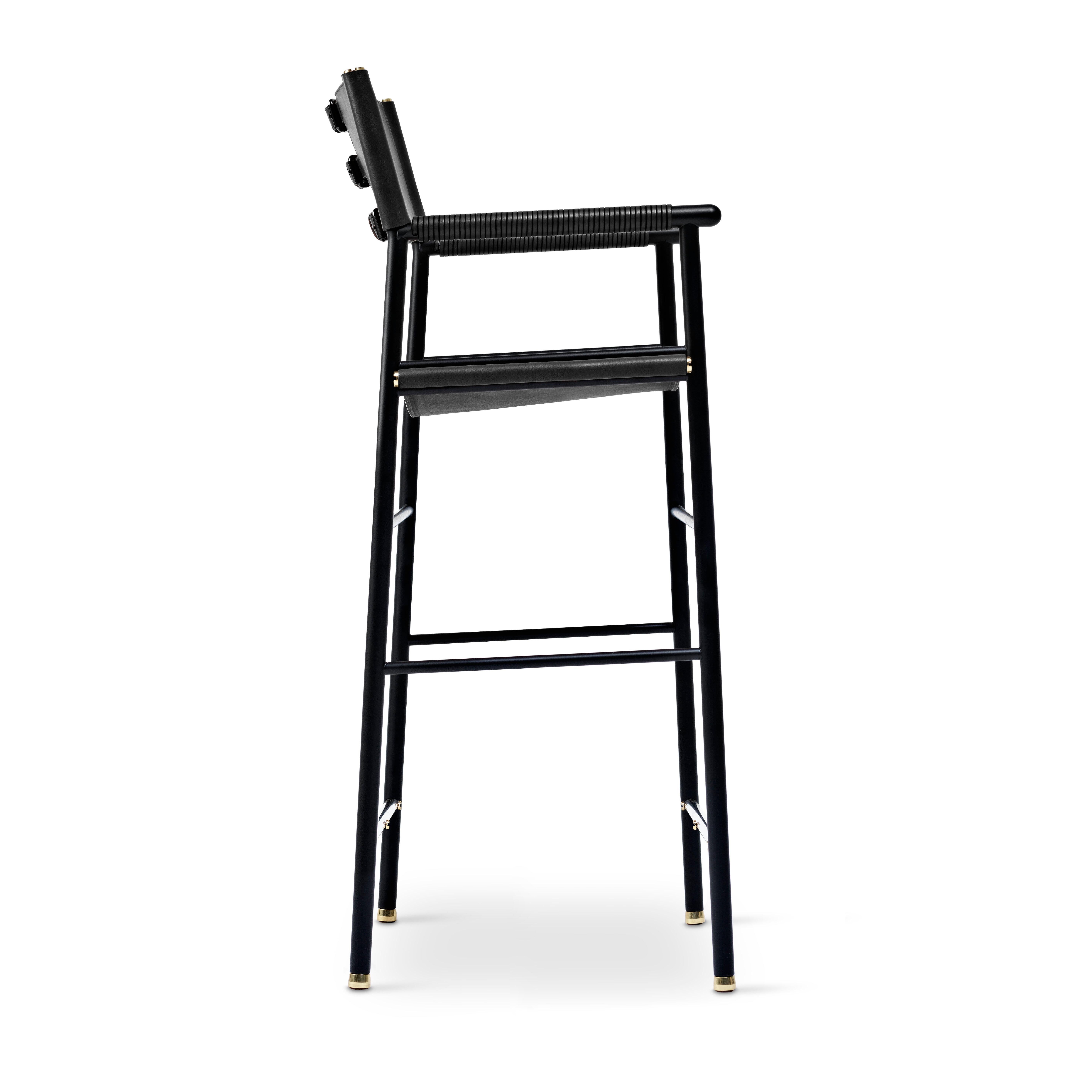 Pair Contemporary Handmade Barstool w. Backrest Black Leather Black Rubber Metal In New Condition For Sale In Alcoy, Alicante