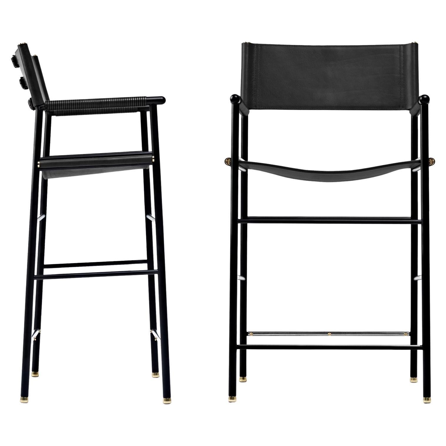 Pair Contemporary Handmade Barstool w. Backrest Black Leather Black Rubber Metal For Sale