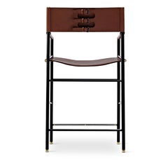 Pair Contemporary Bar Stool w. Backrest Dark Brown Leather Black Rubber Metal