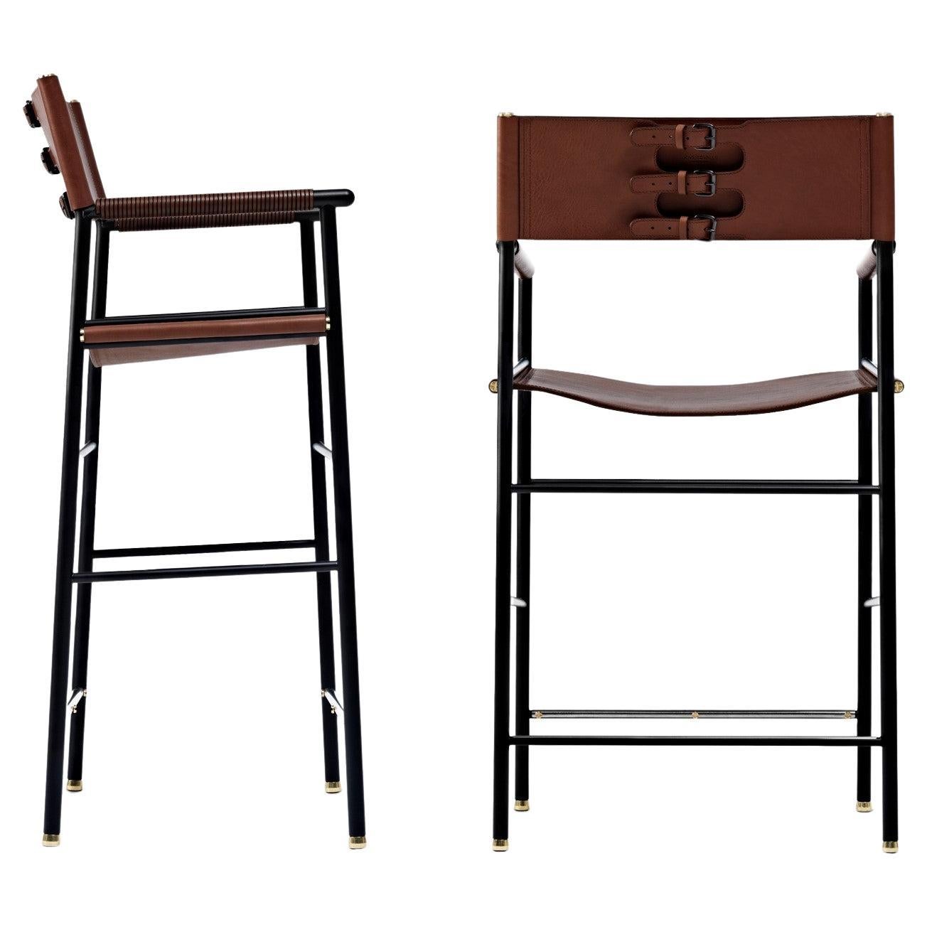 Pair Contemporary Bar Stool w. Backrest Dark Brown Leather Black Rubber Metal For Sale