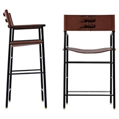 Pair Contemporary Bar Stool w. Backrest Dark Brown Leather Black Rubber Metal