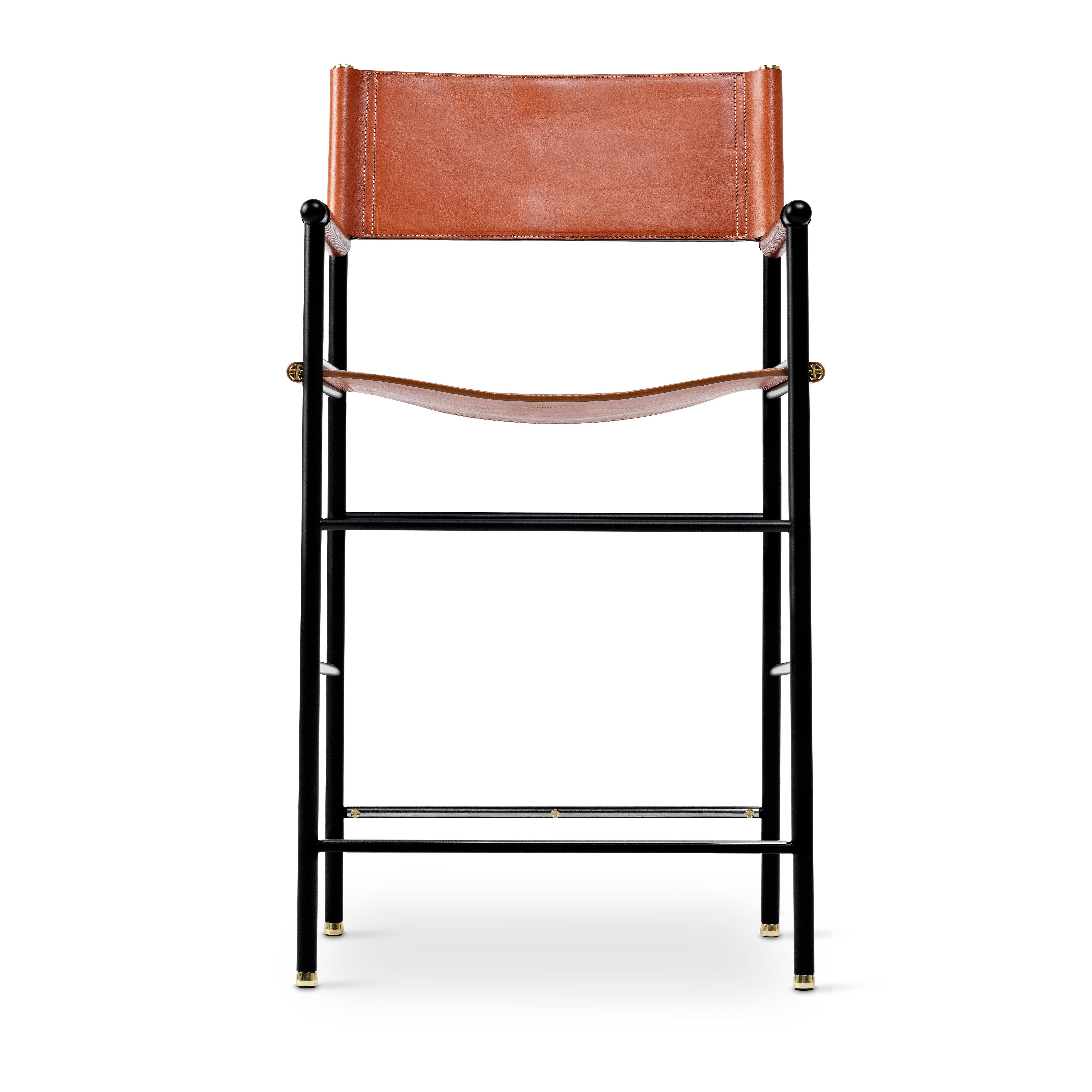 Modern Pair Contemporary Bar Stool w. Backrest Natural Tan Leather & Black Rubber Metal For Sale