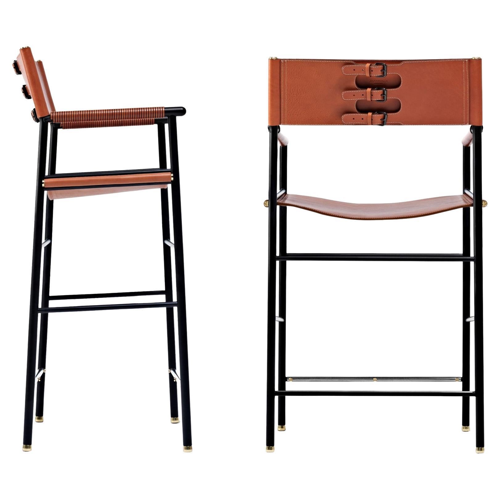 Pair Contemporary Bar Stool w. Backrest Natural Tan Leather & Black Rubber Metal