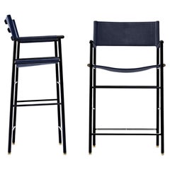 Pair Dinning Room Bar Stool w. Backrest Navy Blue Leather & Black Rubber Metal 