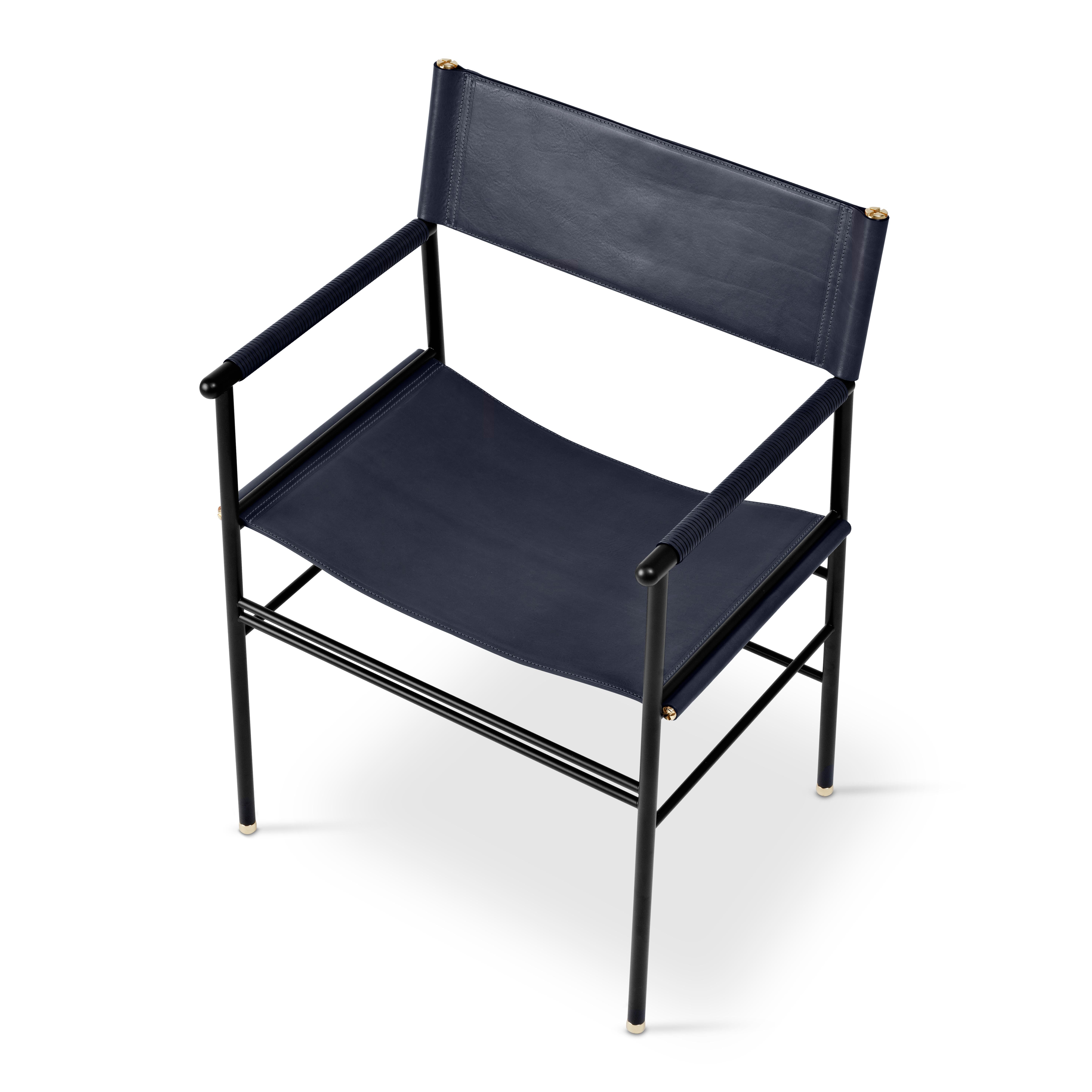 Modern Pair Artisanal Classic Contemporary Chair Navy Blue Leather & Black Rubber Metal For Sale