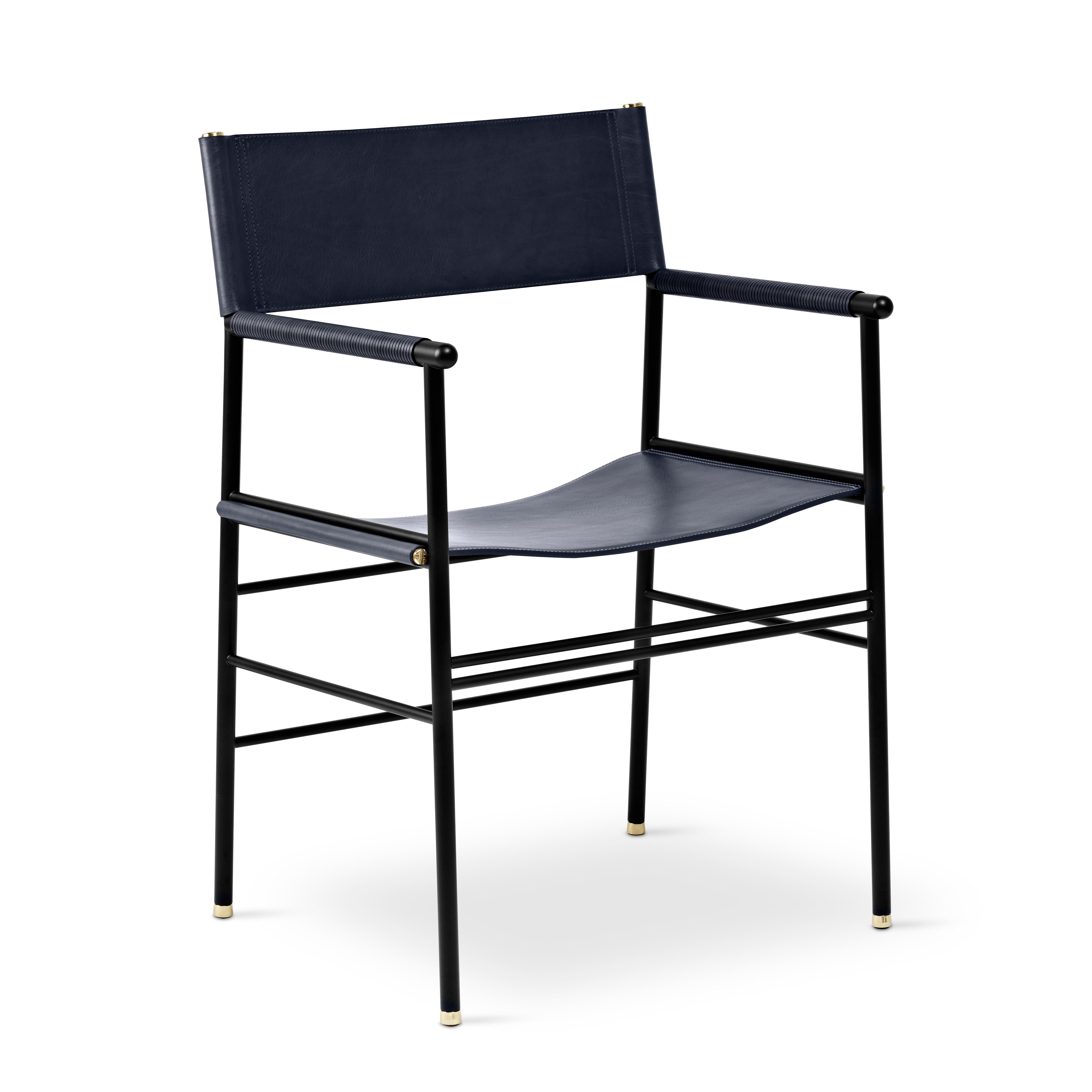 Spanish Pair Artisanal Classic Contemporary Chair Navy Blue Leather & Black Rubber Metal For Sale