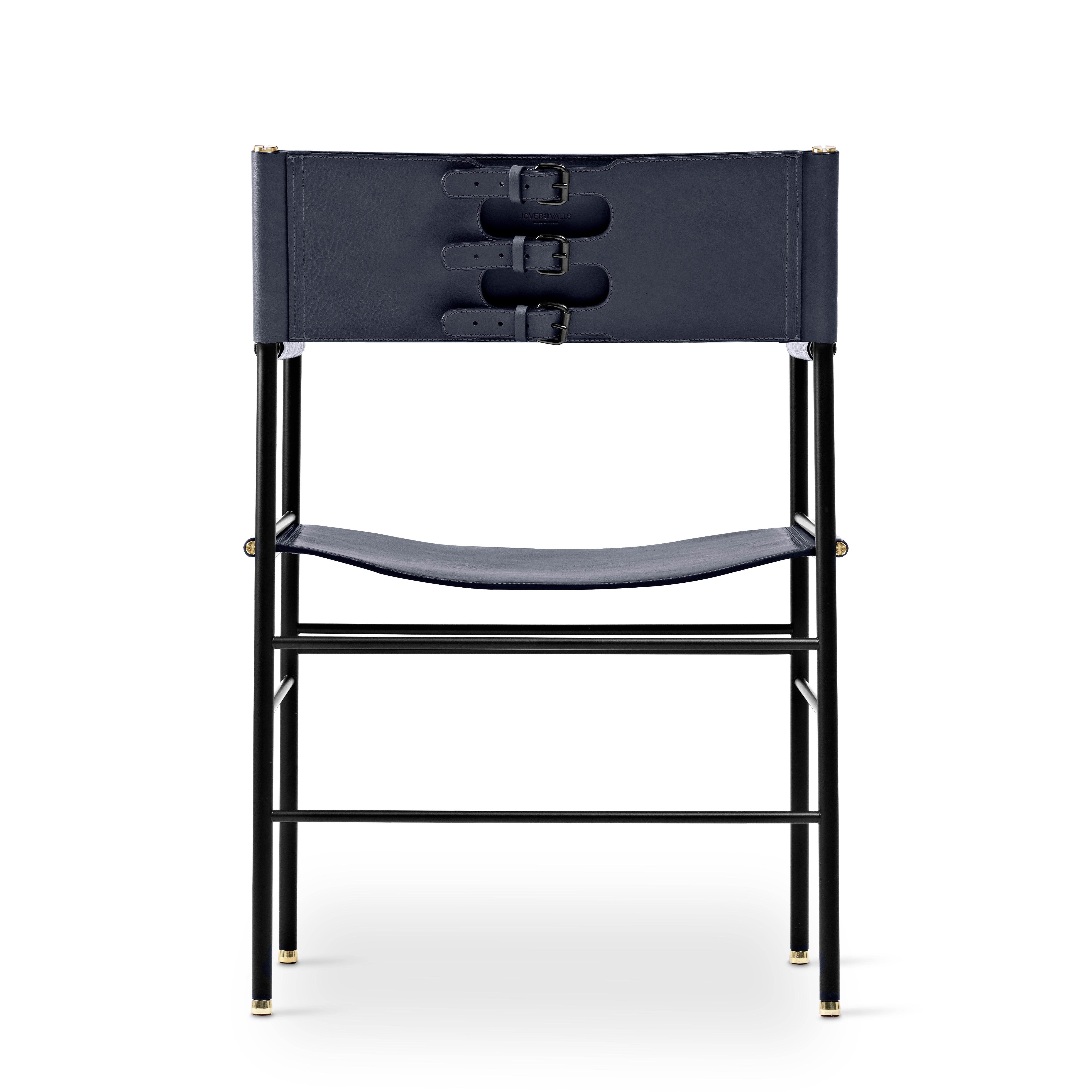 Vegetable Dyed Pair Artisanal Classic Contemporary Chair Navy Blue Leather & Black Rubber Metal For Sale