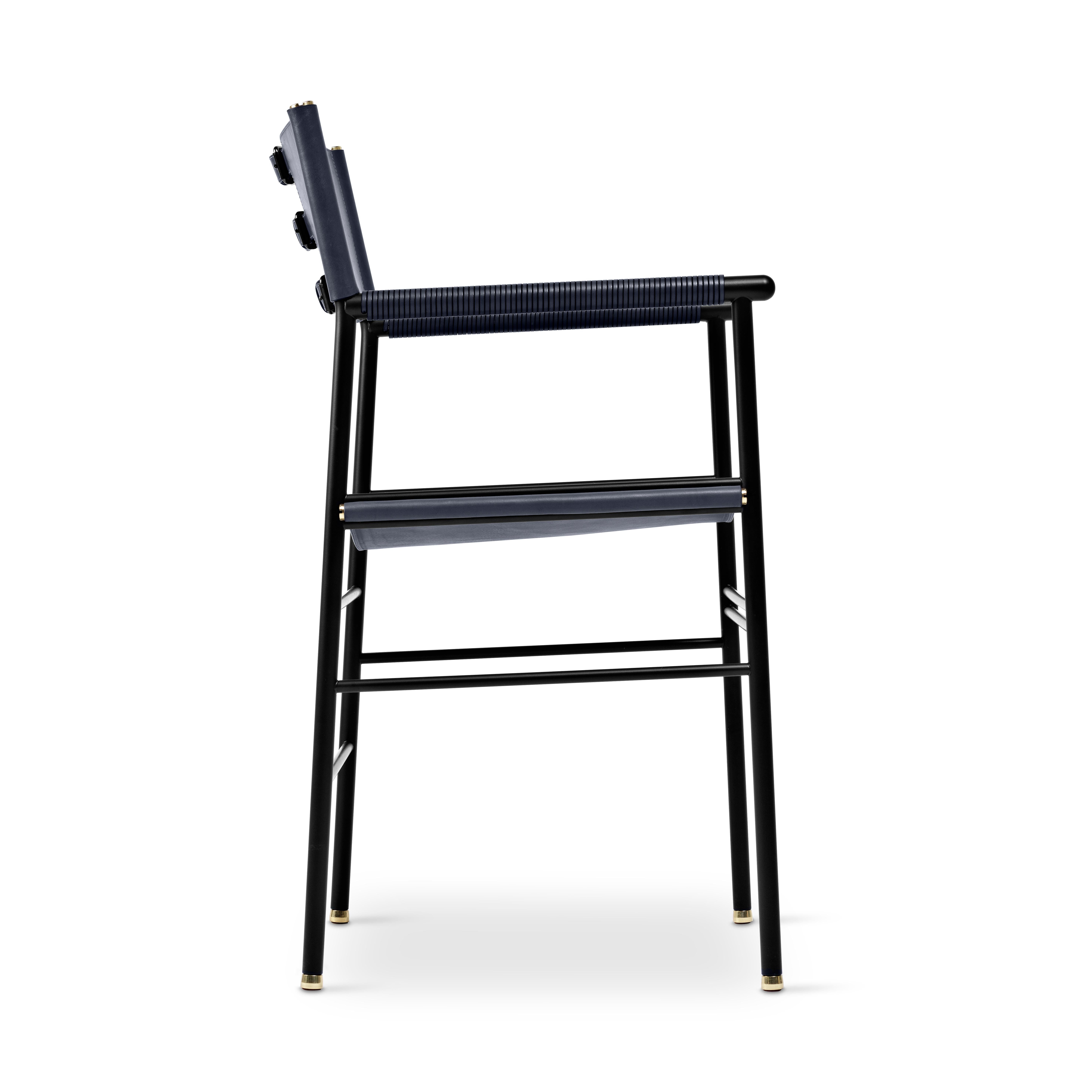 Pair Artisanal Classic Contemporary Chair Navy Blue Leather & Black Rubber Metal In New Condition For Sale In Alcoy, Alicante