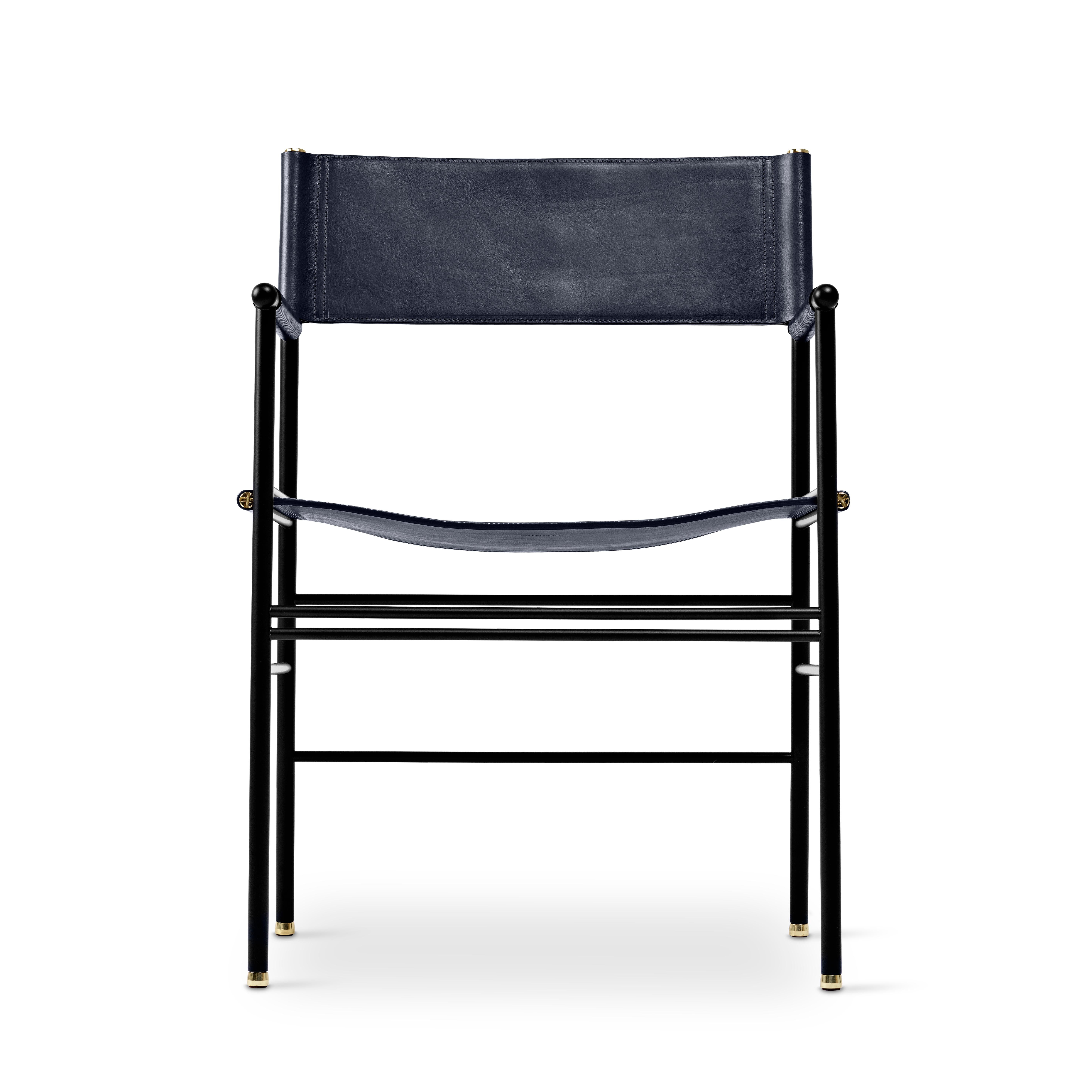 Steel Pair Artisanal Classic Contemporary Chair Navy Blue Leather & Black Rubber Metal For Sale