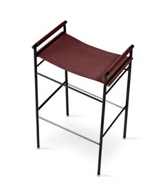 Pair Contemporary Classic Bar Stool Cognac Leather Black Rubber Frame