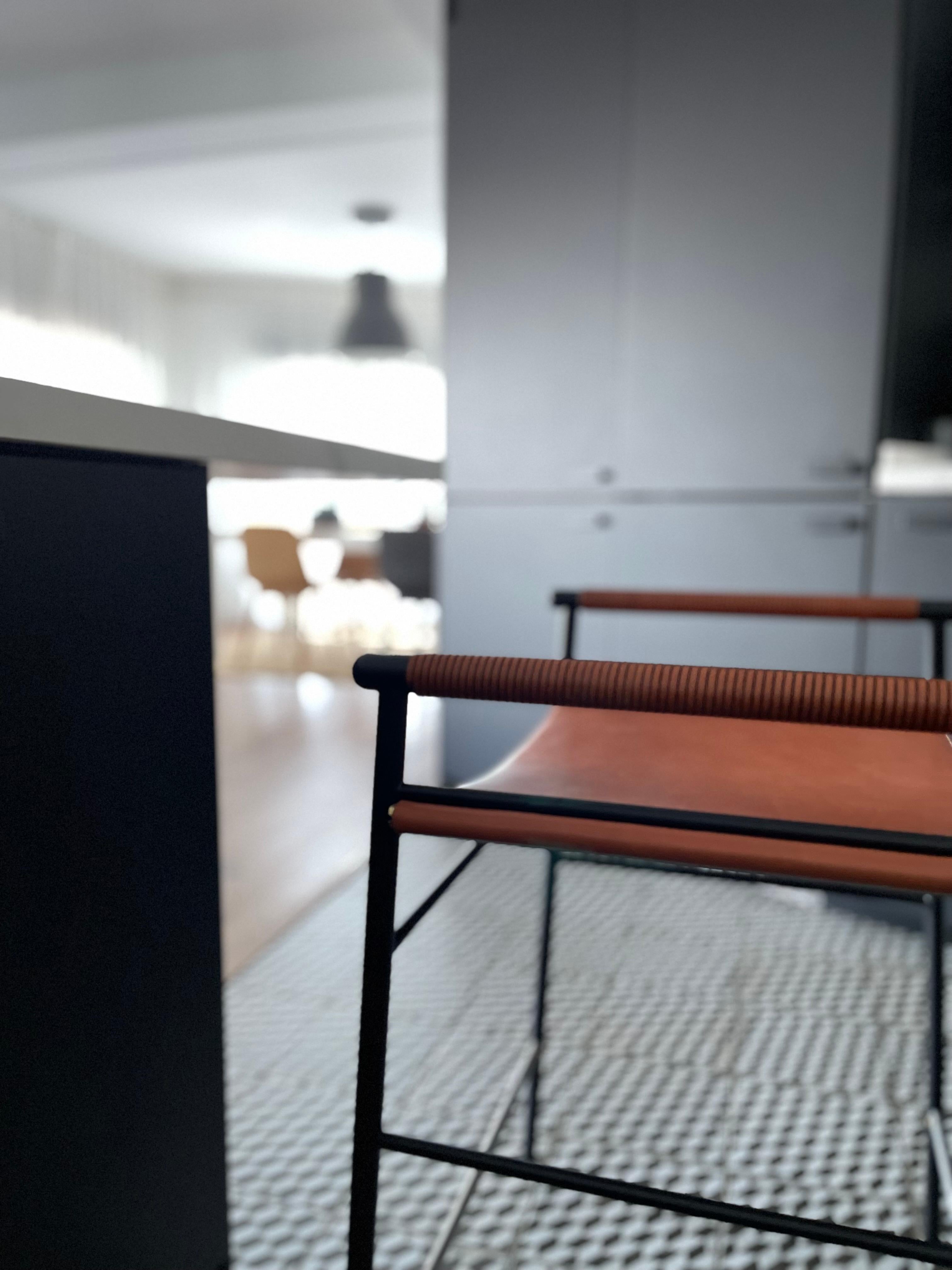 Pair Artisan Contemporary Counter Bar Stool Black Leather Black Rubber Metal For Sale 3