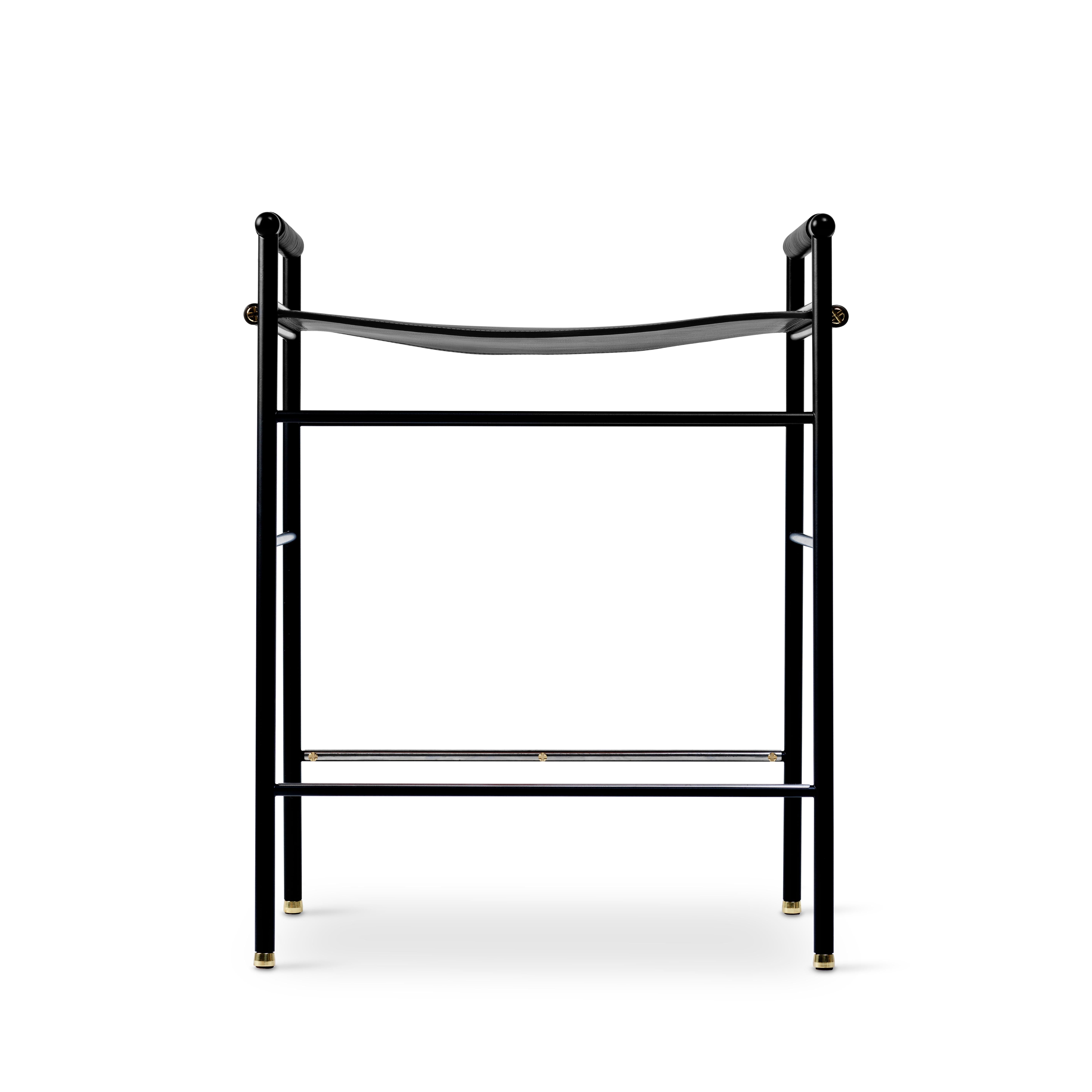 Modern Pair Artisan Contemporary Counter Bar Stool Black Leather Black Rubber Metal For Sale