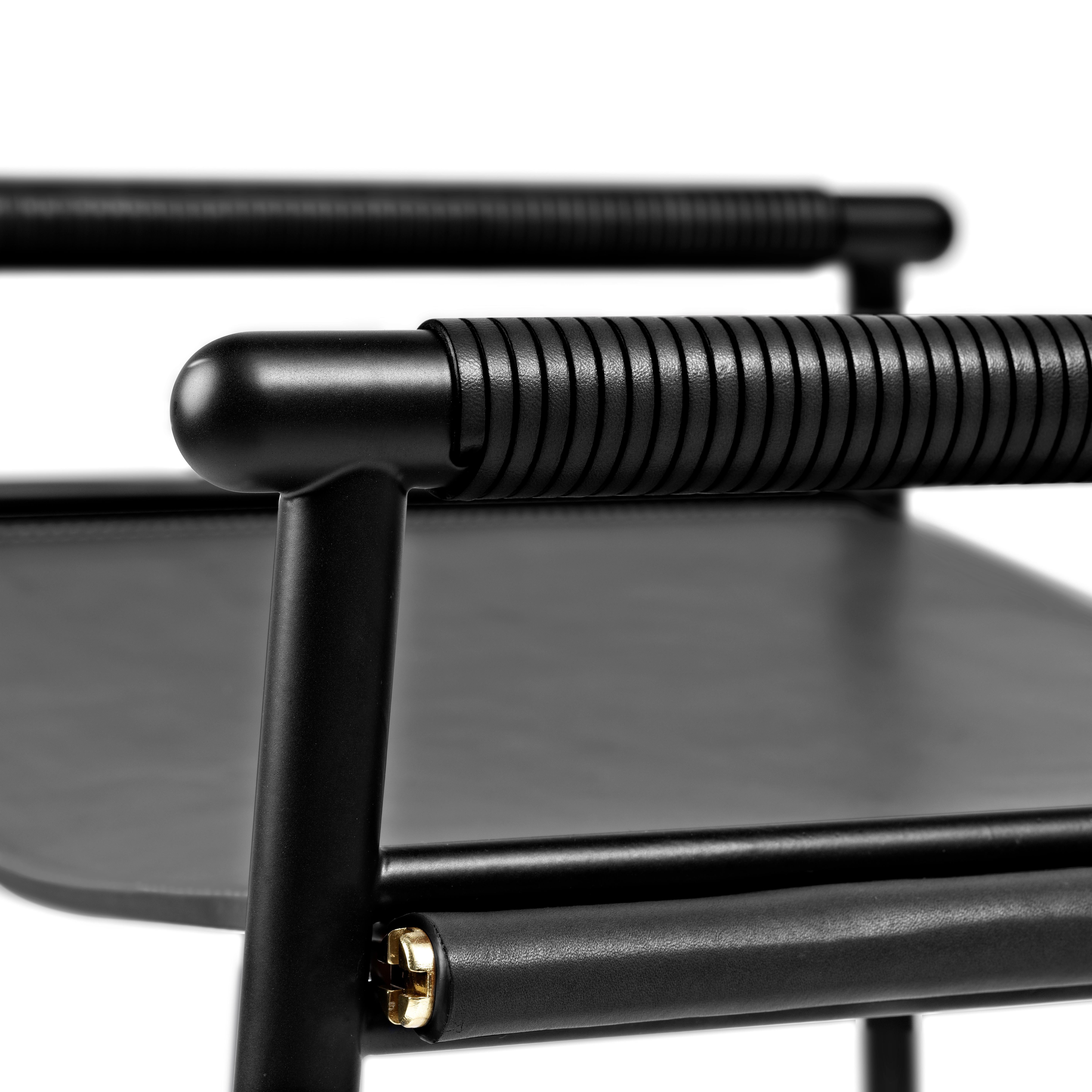 Spanish Pair Artisan Contemporary Counter Bar Stool Black Leather Black Rubber Metal For Sale