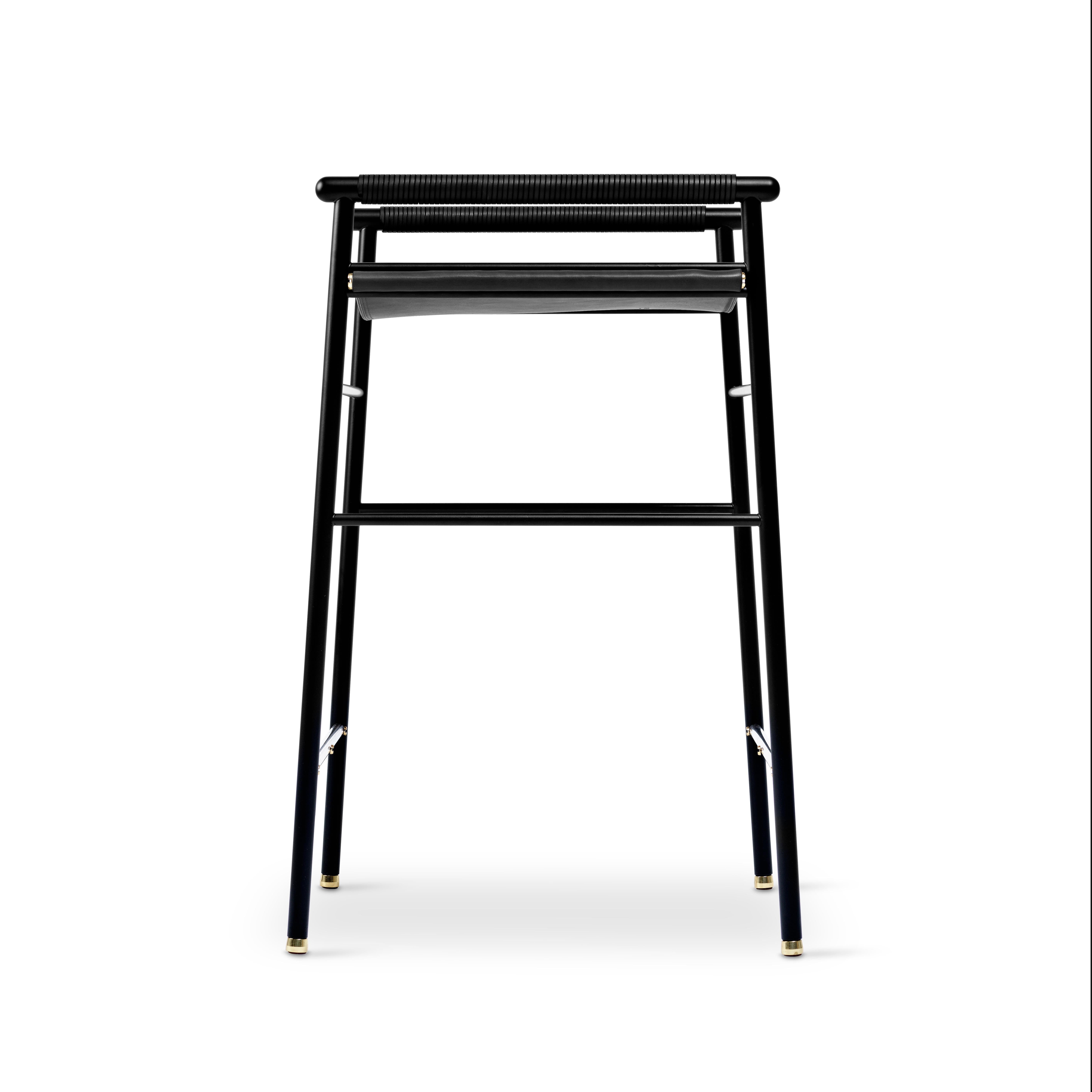 Vegetable Dyed Pair Artisan Contemporary Counter Bar Stool Black Leather Black Rubber Metal For Sale