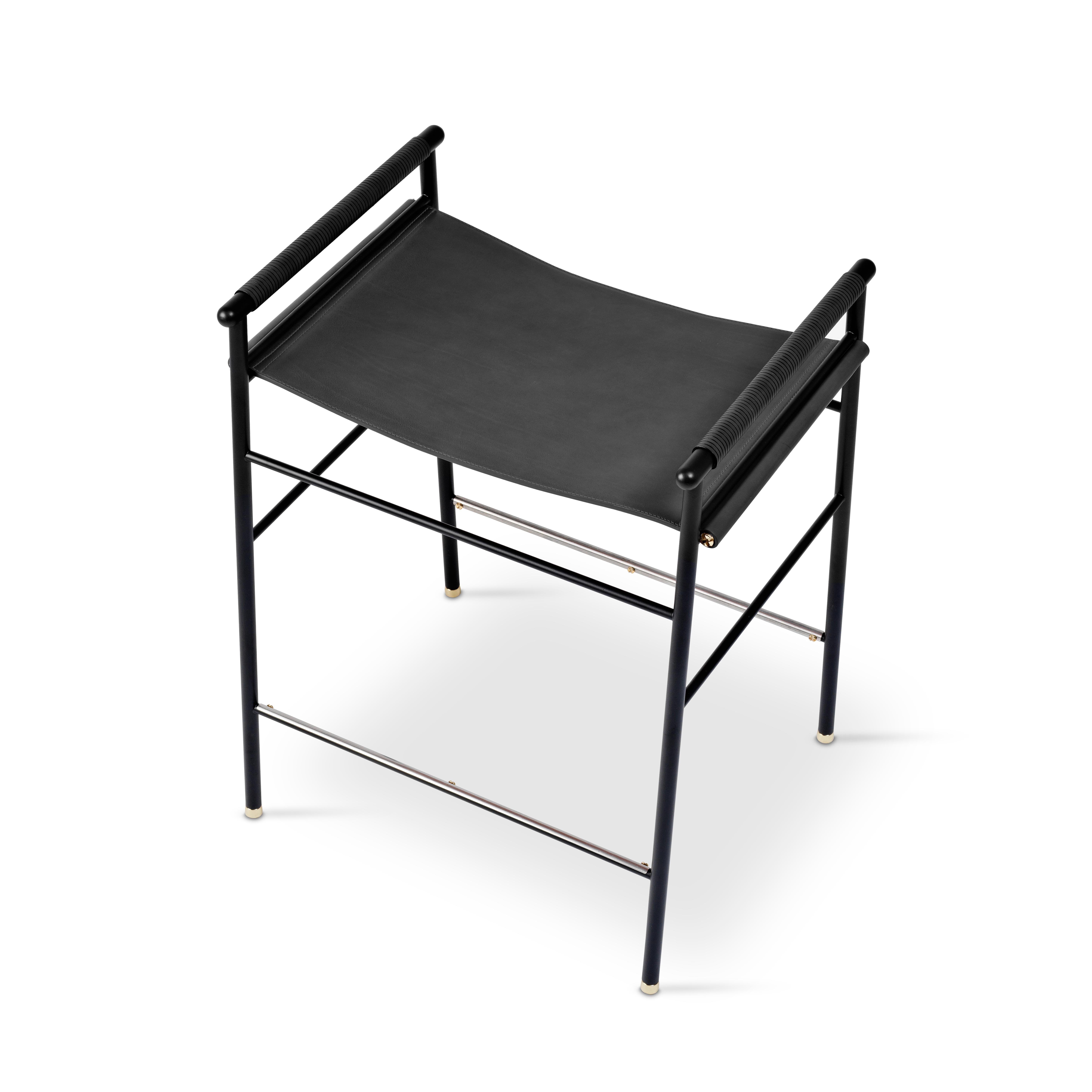 Pair Artisan Contemporary Counter Bar Stool Black Leather Black Rubber Metal In New Condition For Sale In Alcoy, Alicante