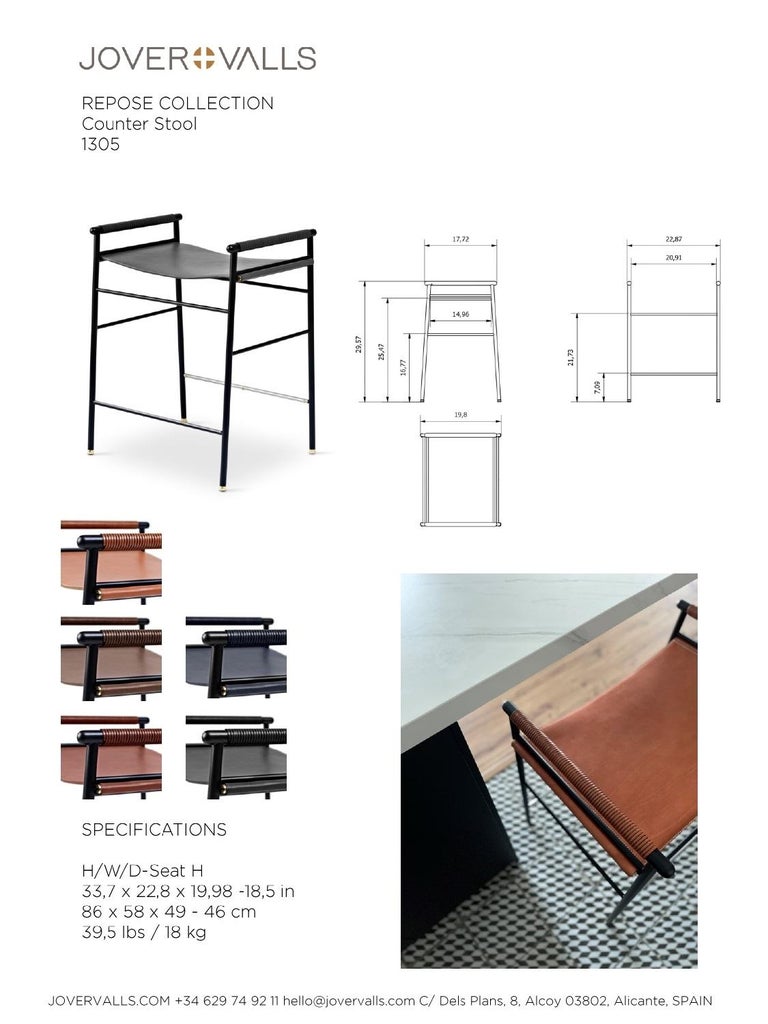 Pair Contemporary Classic Counter Bar Stool Navy Blue Leather Black Rubber Metal For Sale at 1stDibs