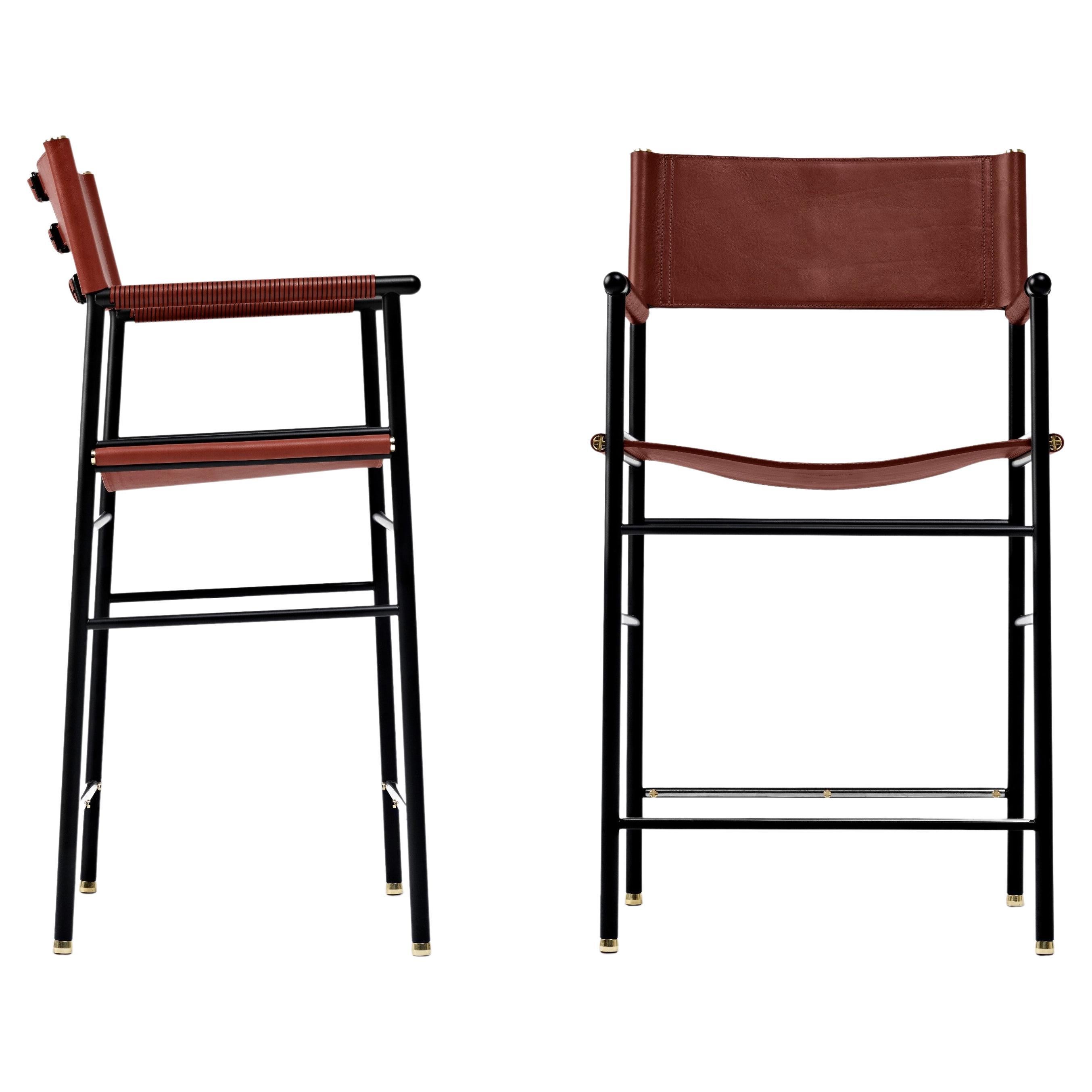 Pair Classic Counter Bar Stool w. Backrest Cognac Leather & Black Rubbered Metal For Sale