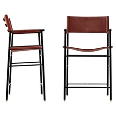 Pair Classic Counter Bar Stool w. Backrest Cognac Leather & Black Rubbered Metal