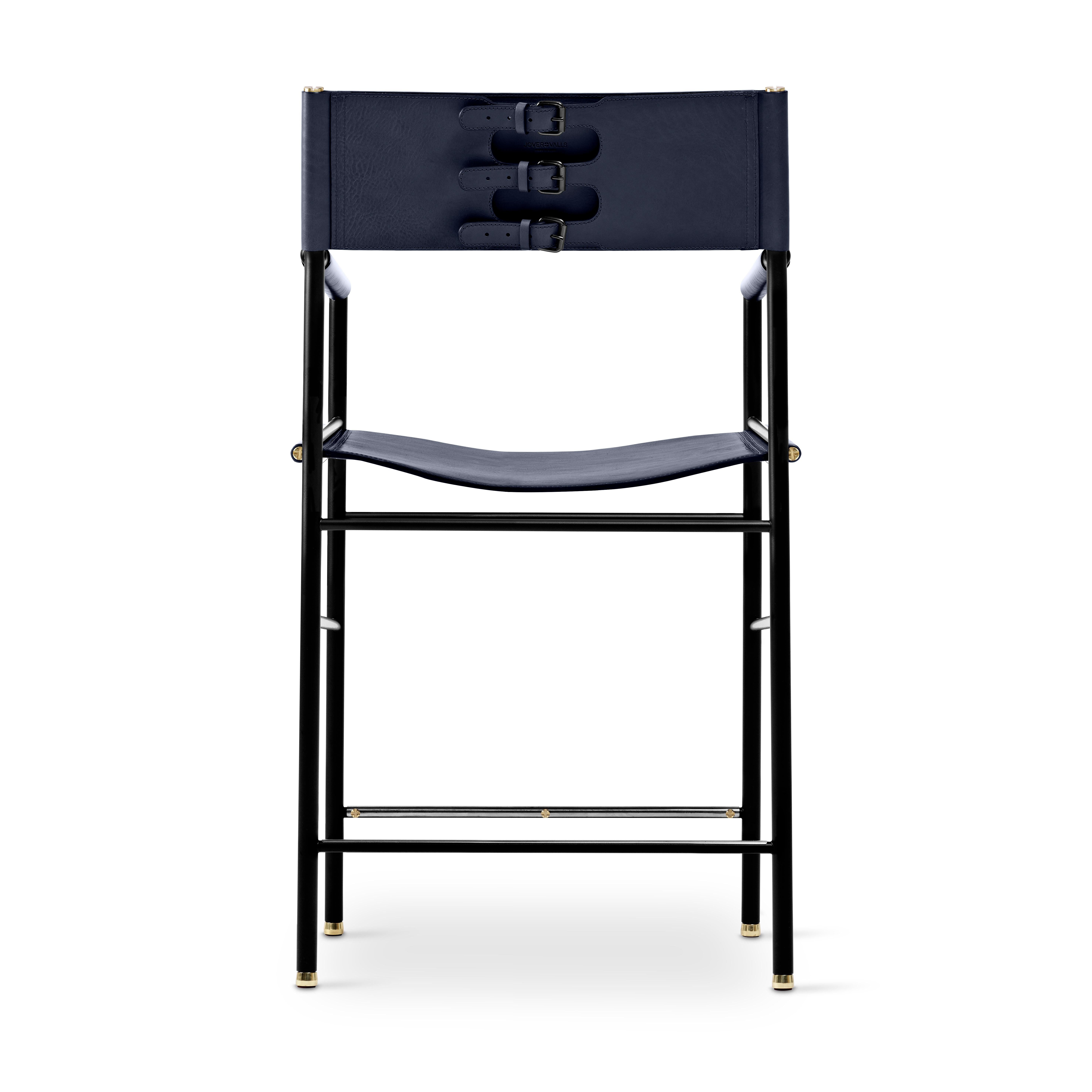 Spanish Artisanal Pair Counter Stool w. Backrest Navy Blue Leather & Black Rubber Metal For Sale
