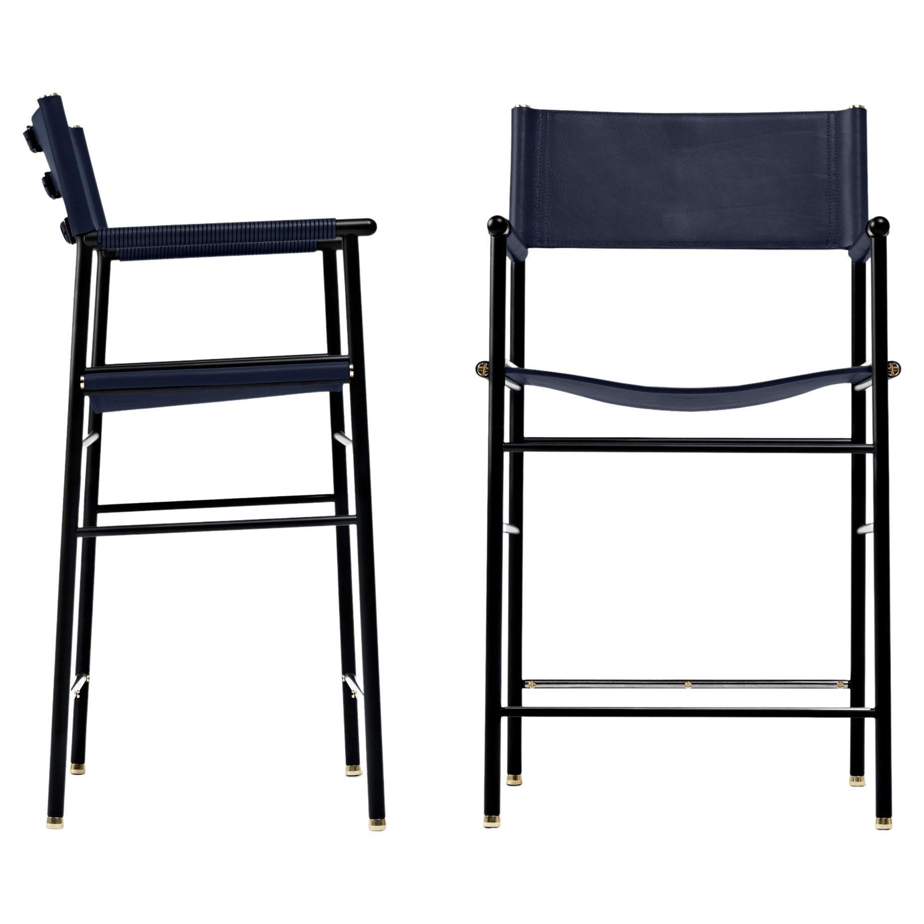 Artisanal Pair Counter Stool w. Backrest Navy Blue Leather & Black Rubber Metal For Sale