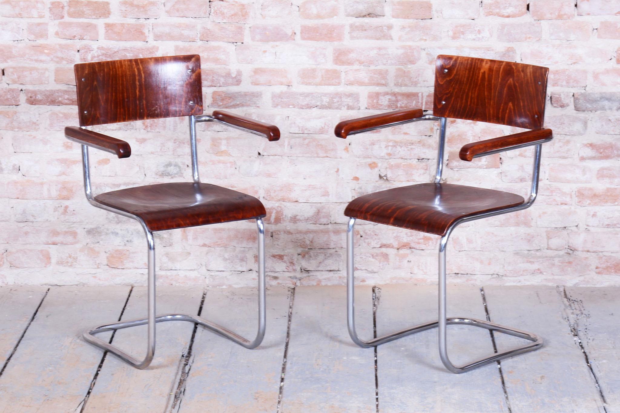 Juego de 2 sillas Bauhaus restauradas, de Mart Stam, cromo, madera contrachapada, Alemania, años 30 Alemán en venta