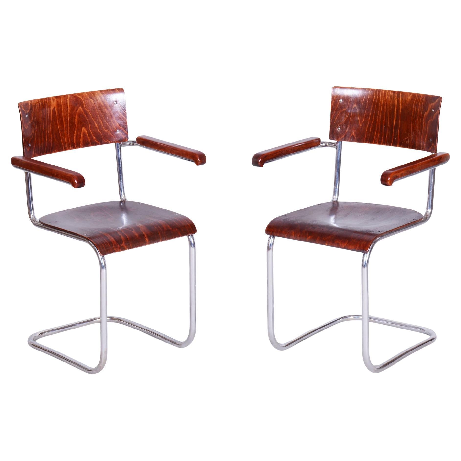 Juego de 2 sillas Bauhaus restauradas, de Mart Stam, cromo, madera contrachapada, Alemania, años 30