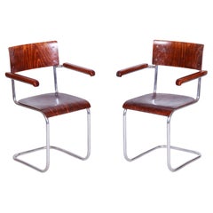 Juego de 2 sillas Bauhaus restauradas, de Mart Stam, cromo, madera contrachapada, Alemania, años 30