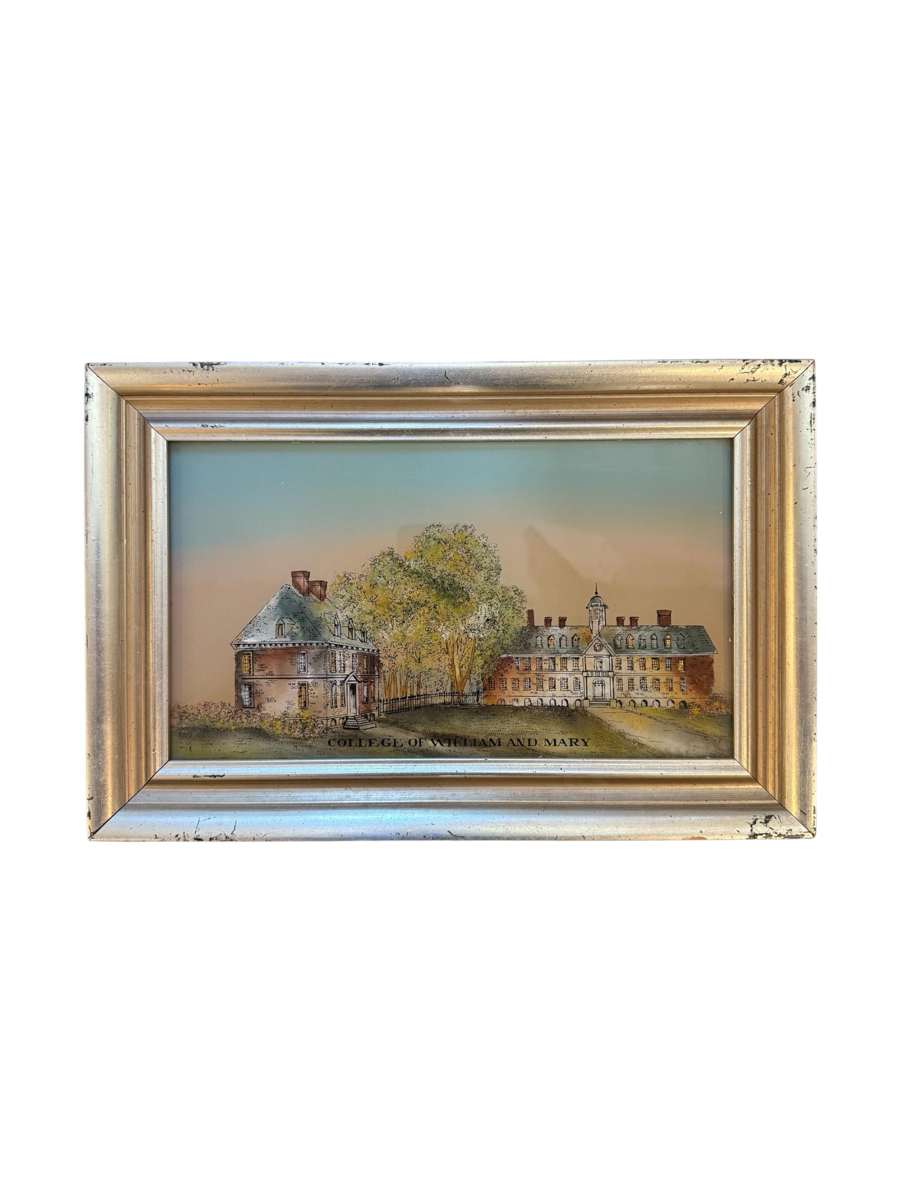 Celebrate classic American academia with this charming set of two mid-century reverse paintings on glass, featuring iconic scenes from The College of William & Mary and The State University of New York at Binghamton. Each piece captures the