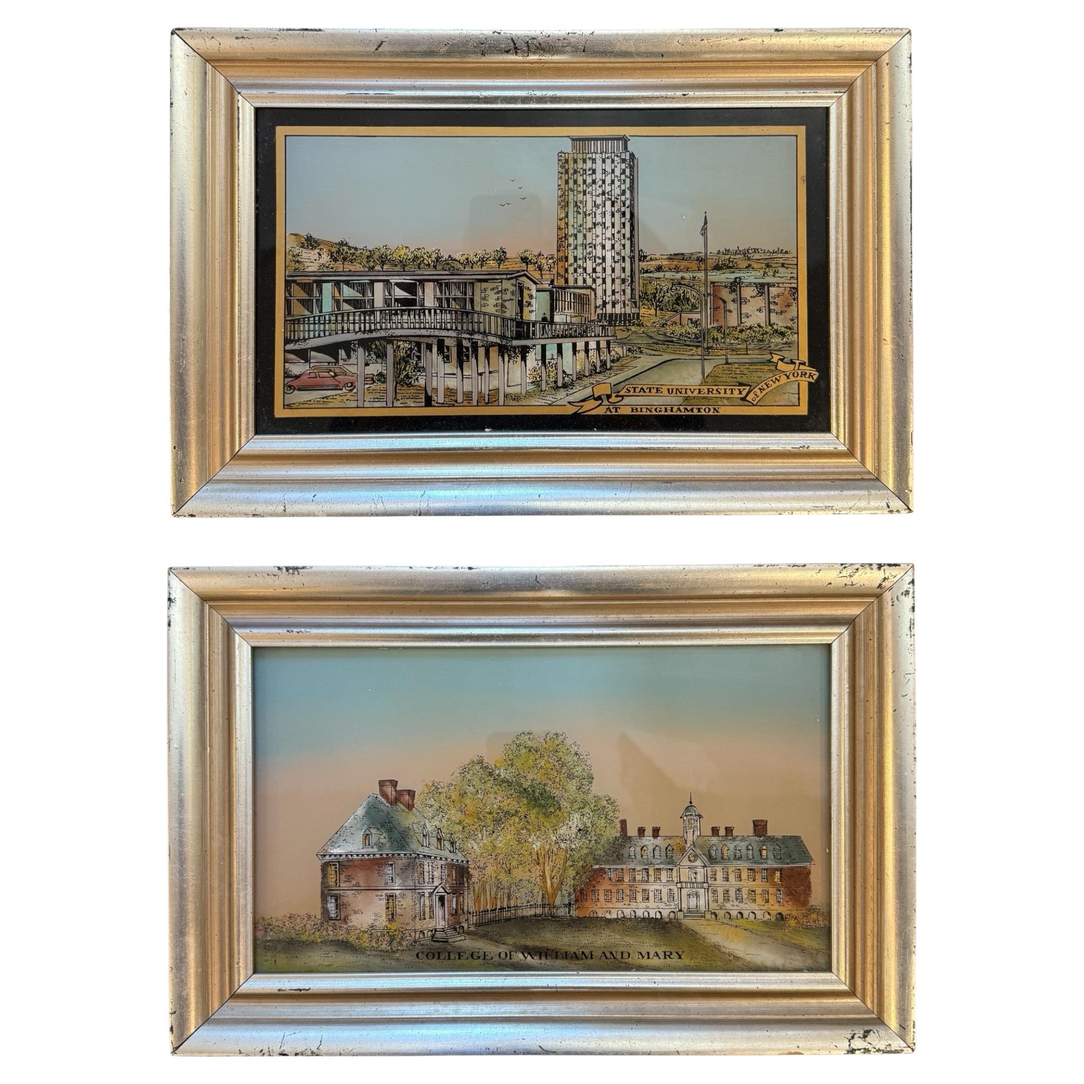 Set of 2 Reverse Painting on Glass William and Marry and University of New York For Sale