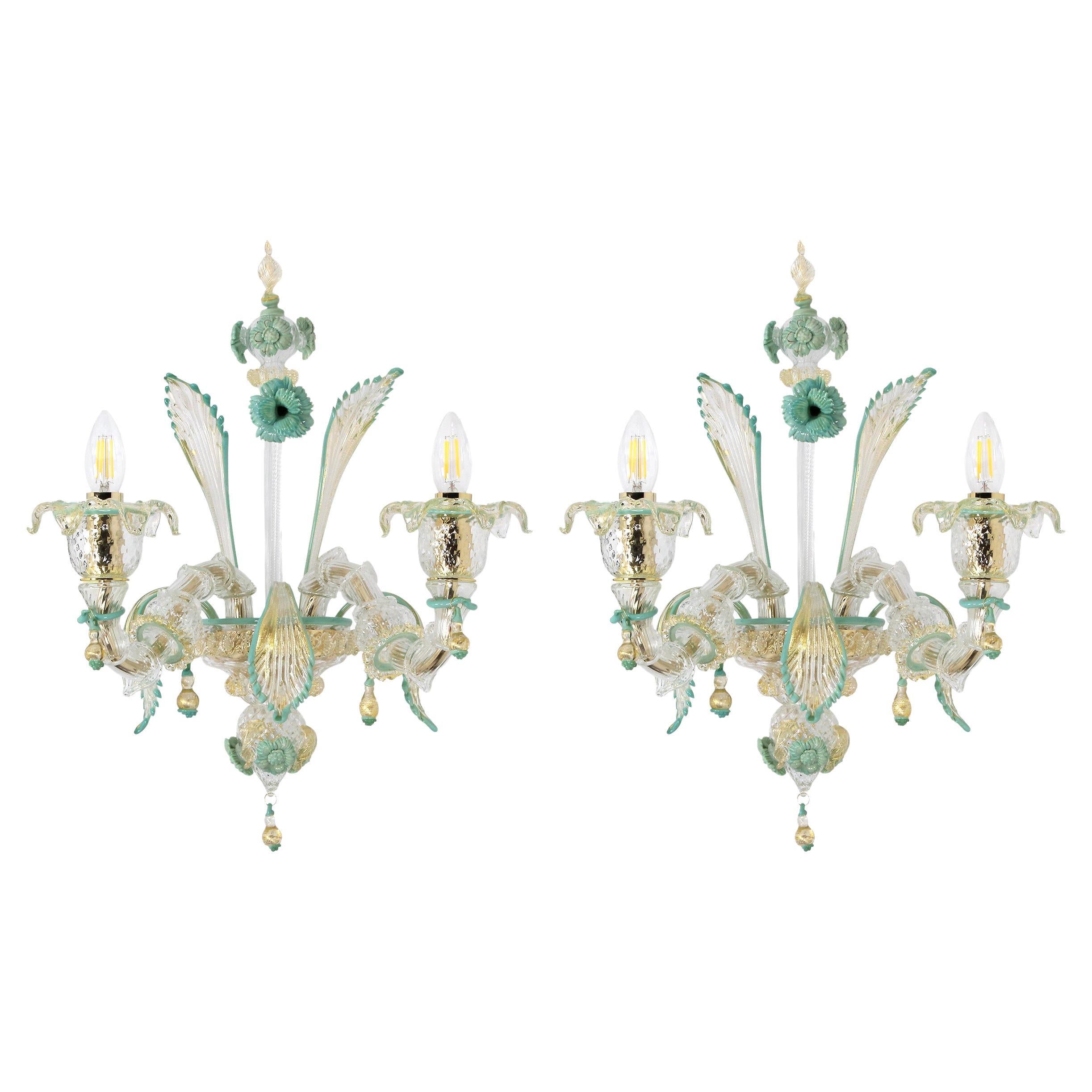 Set of 2 Rezzonico Sconce 2 Arms, Clear-multicolour Murano Glass by Multiforme   For Sale