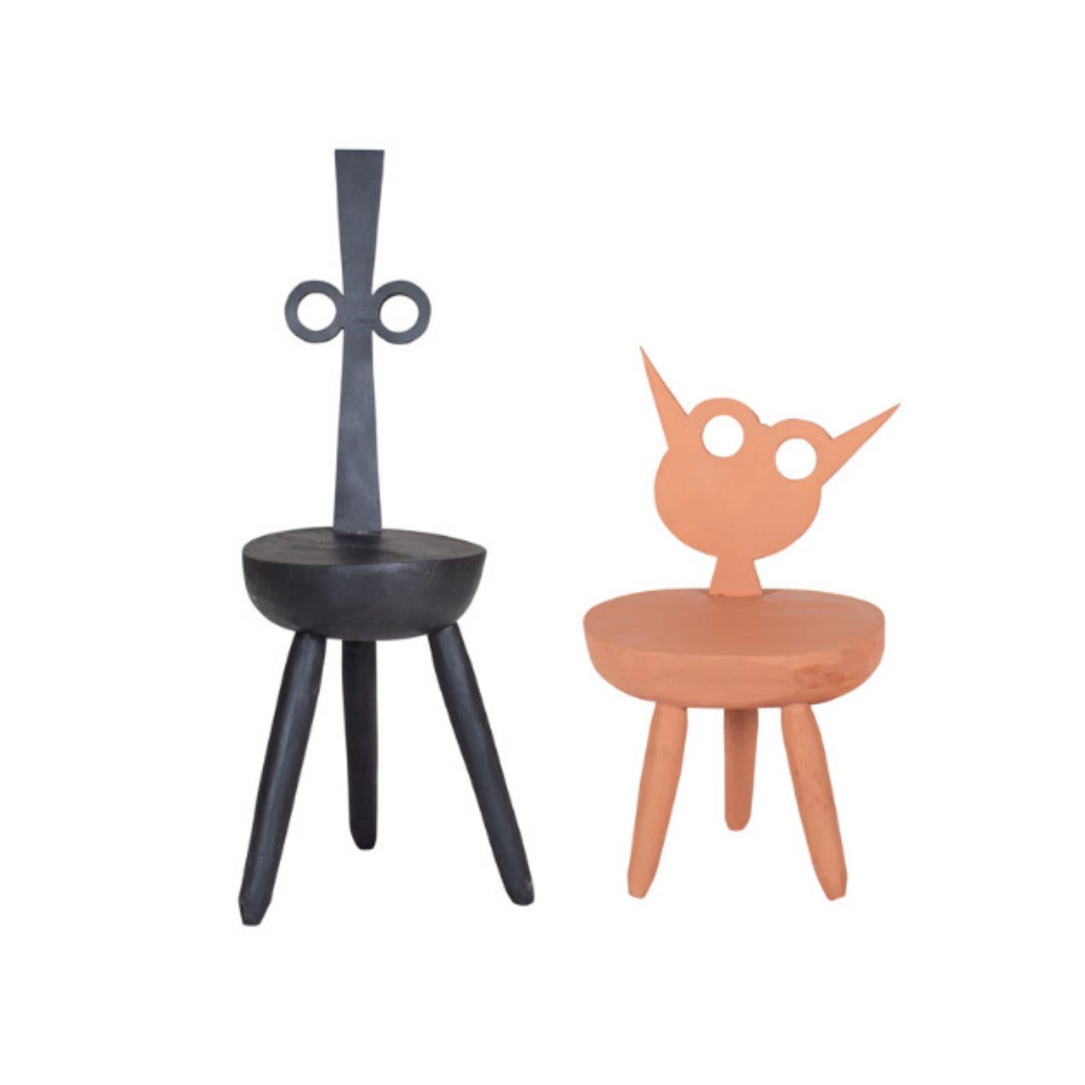 Set of 2 Rose Flora and Black Gomez Chair by Pulpo
Design by Vasilica lsacescu & Nadja Zerunian
Dimensions: 
Flora: L 37 x W 27 x H 59 cm.
Gomez: L 30 x W 30 x H 94 cm 
Materials: Wood.

Also available in different colours. 

Pulpo is a