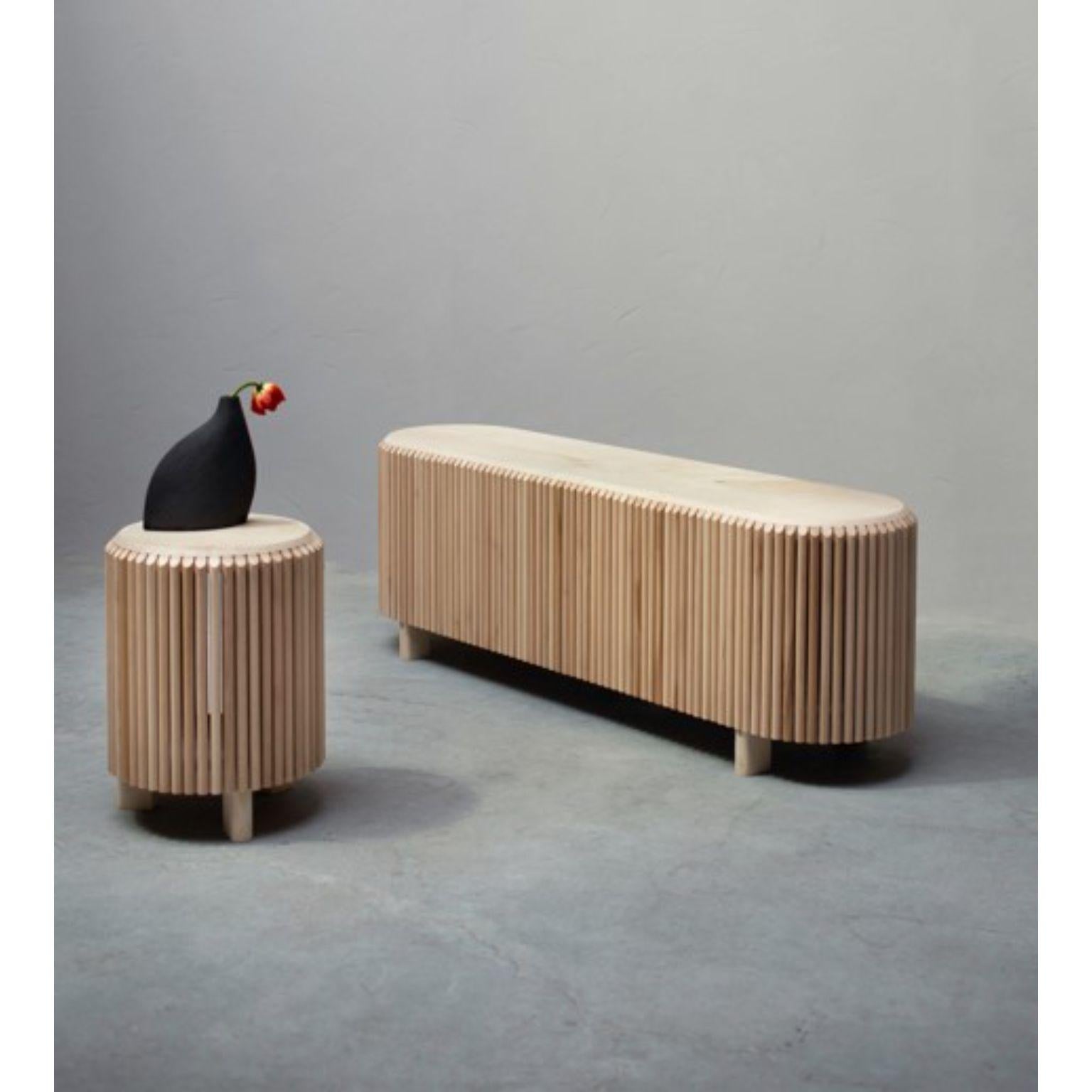 Set of 2 Roseaux Bench and Stool by Alexandre Labruyère
Current Production
Dimensions: D136 x W36 x H45 cm // D36 x H45
Materials: Sycamore, beech / Natural oil protection.

*vase not included
Like a curtain of reeds, the rhythm created by the