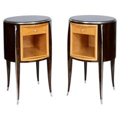 Set of 2 Round Art Deco Style Night Stands in Maple and Silver