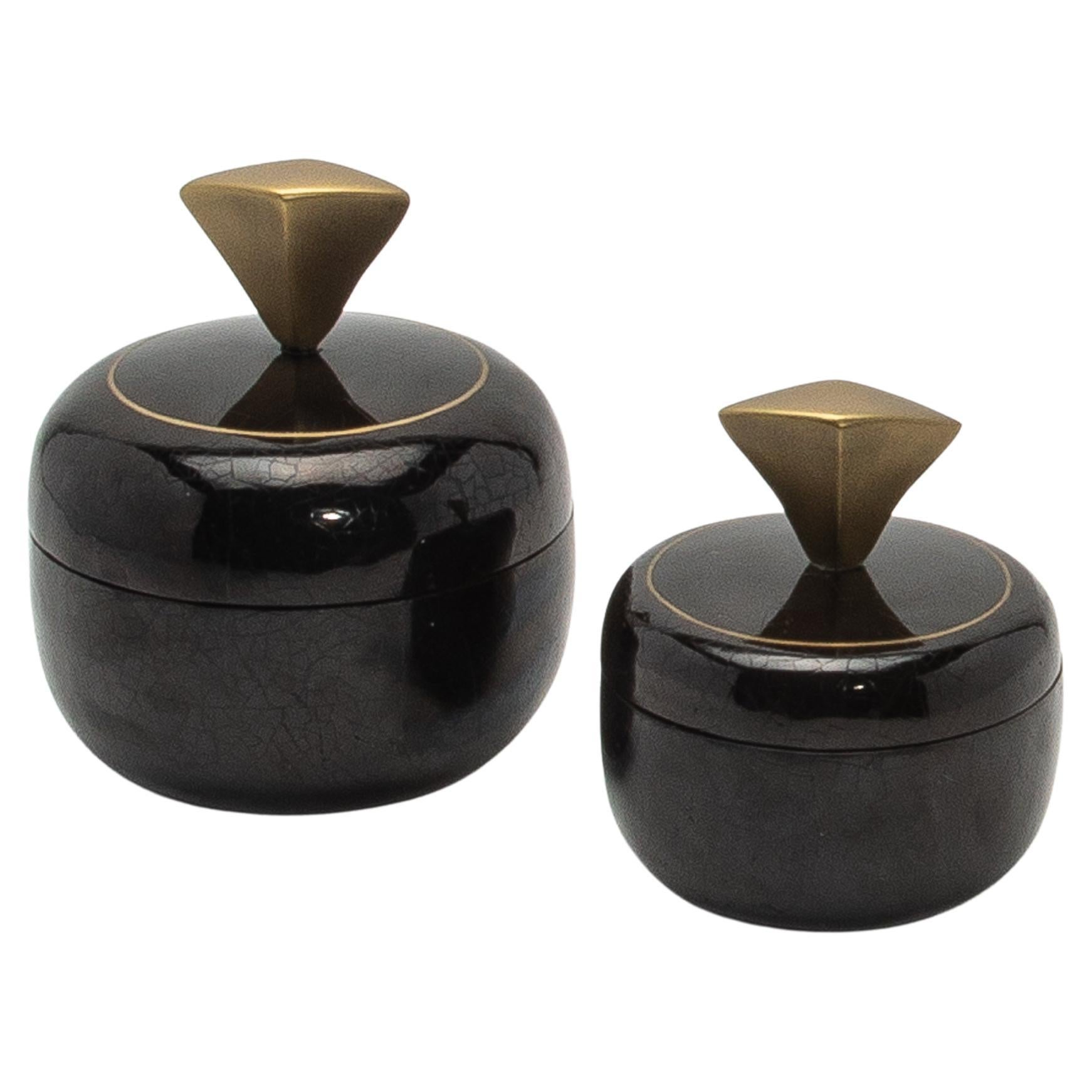 Set of 2 Round Boxes in Black Shell with Brass Details by Kifu Paris