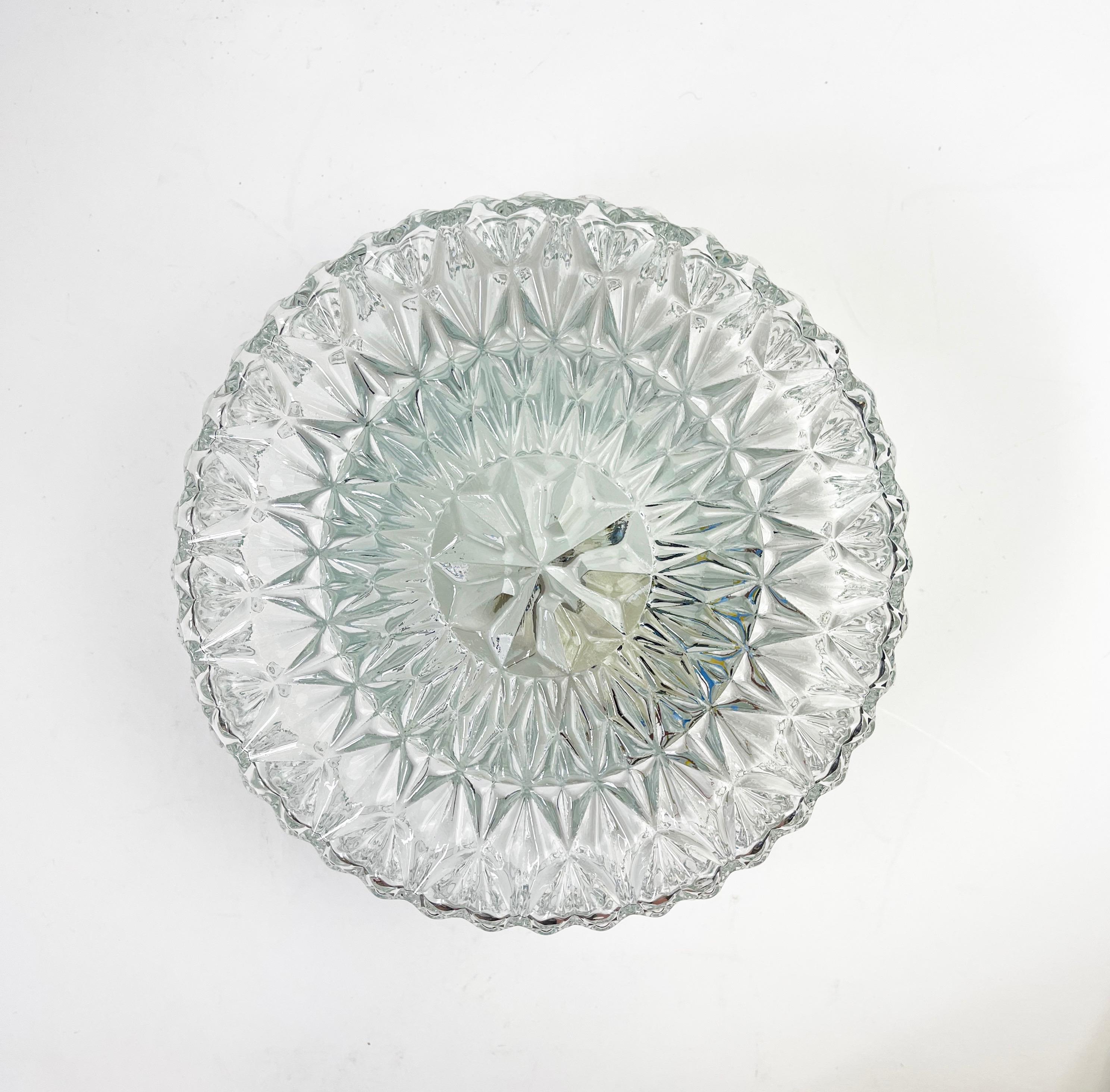 Art Glass Set of 2 Round Ice Crystal Ceiling Lights, Flush Mount by Honsel, 1970s, Germany For Sale