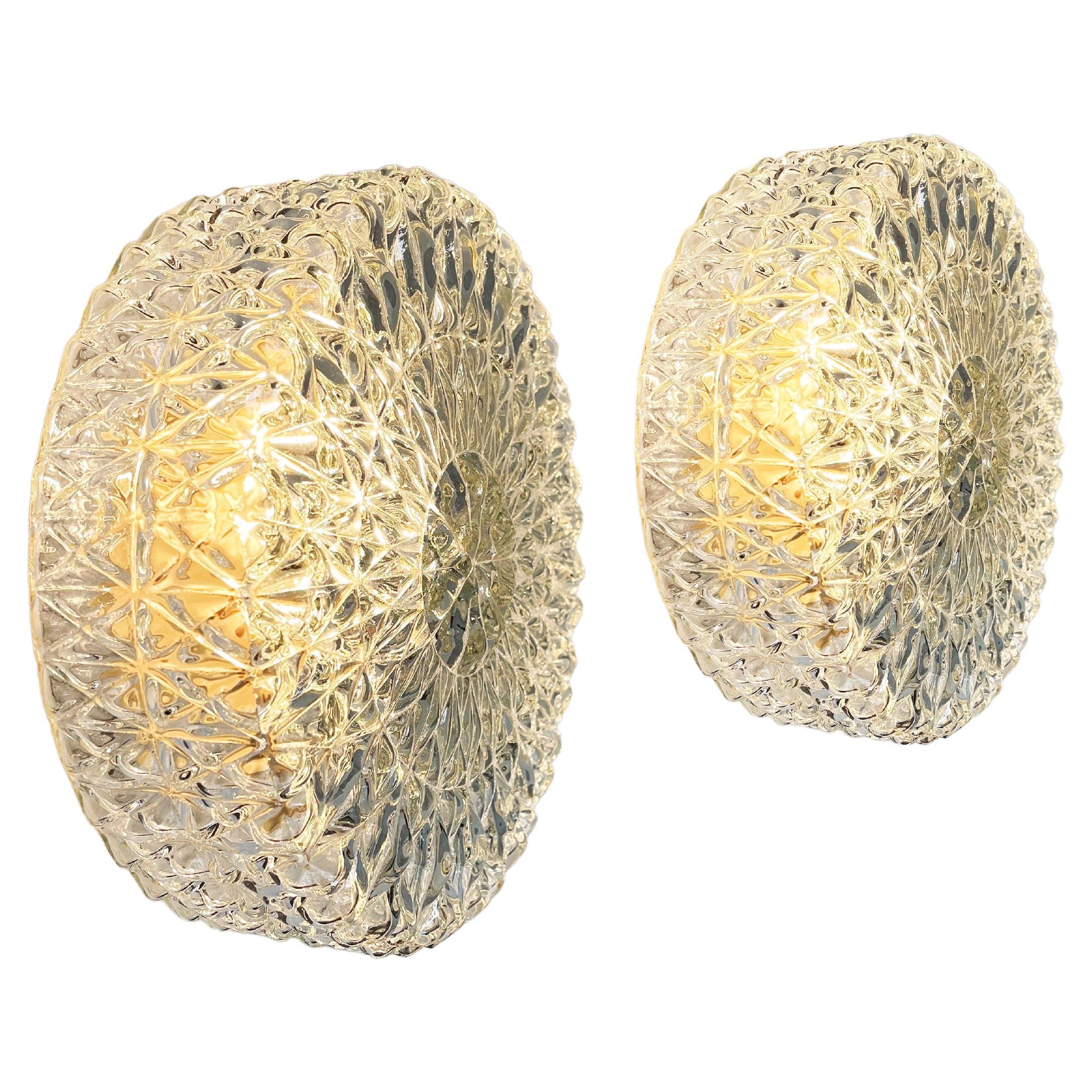 Set of 2 Round Ice Crystal Ceiling Lights, Flush Mount by Honsel, 1970s, Germany