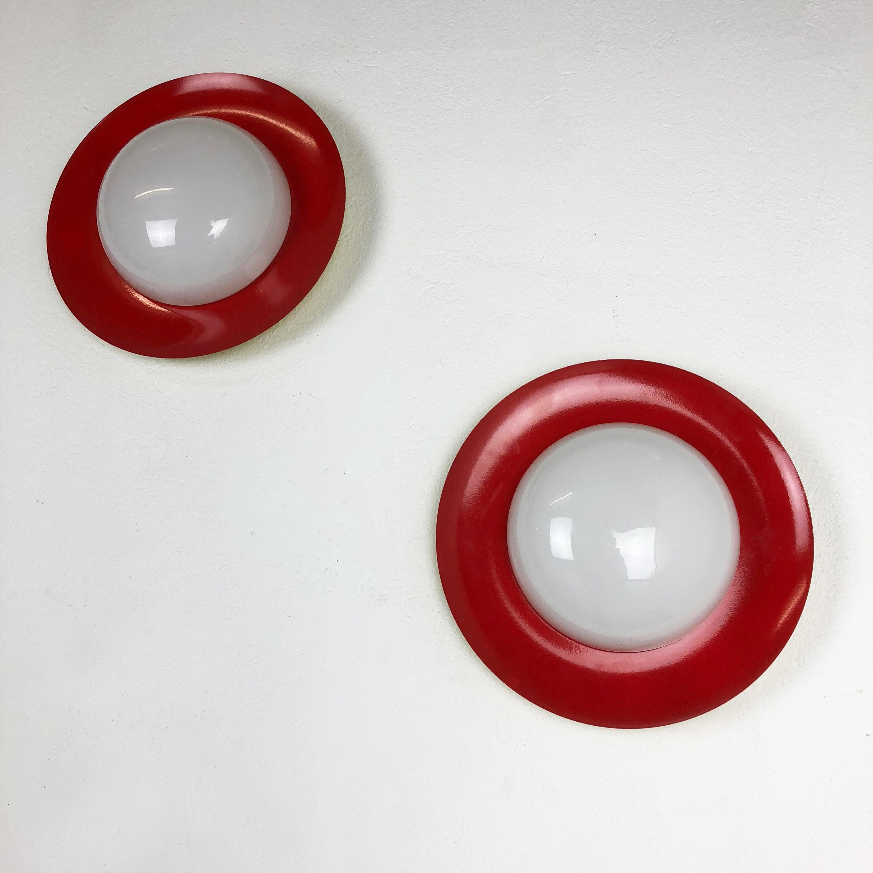 Mid-Century Modern Set of 2 Round Metal Opaline Glass Wall Light Sconces, Red Yellow, Italy, 1960s