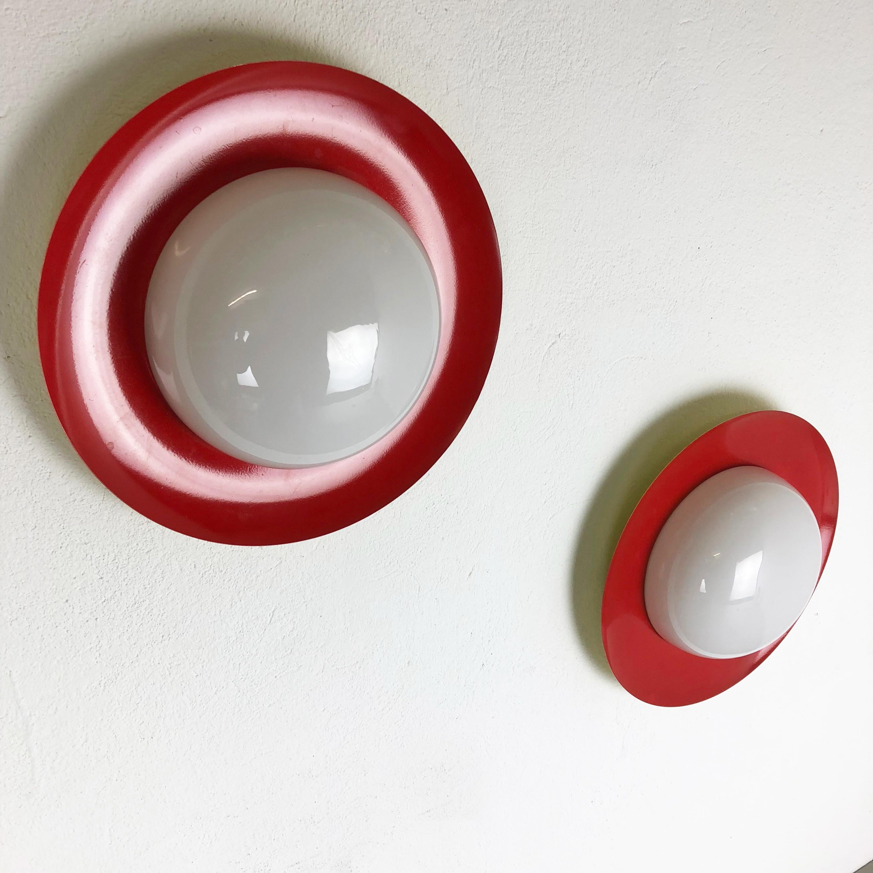 Set of 2 Round Metal Opaline Glass Wall Light Sconces, red yellow, Italy, 1960s 1